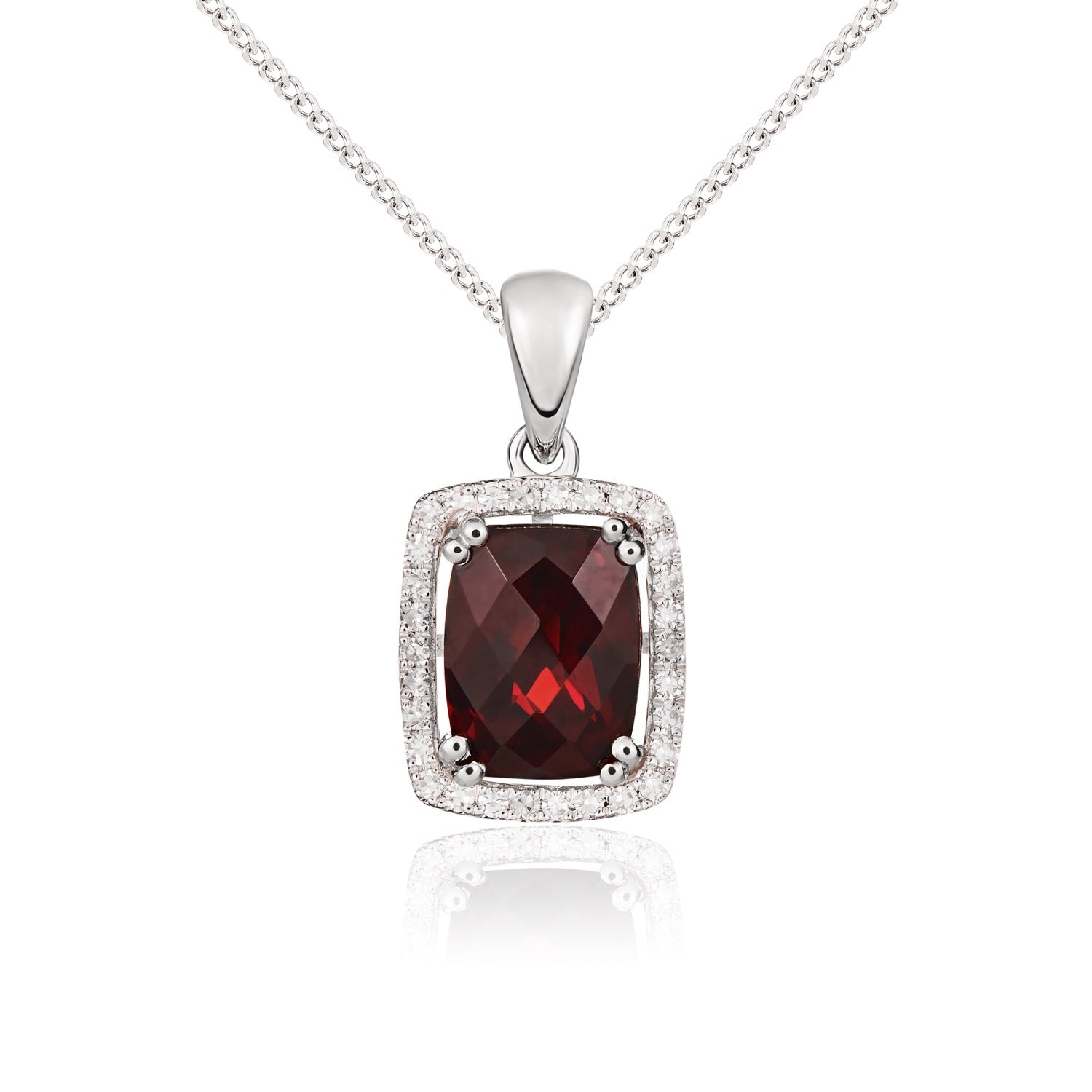 9ct White Gold Cushion Garnet & Diamond Cluster Pendant