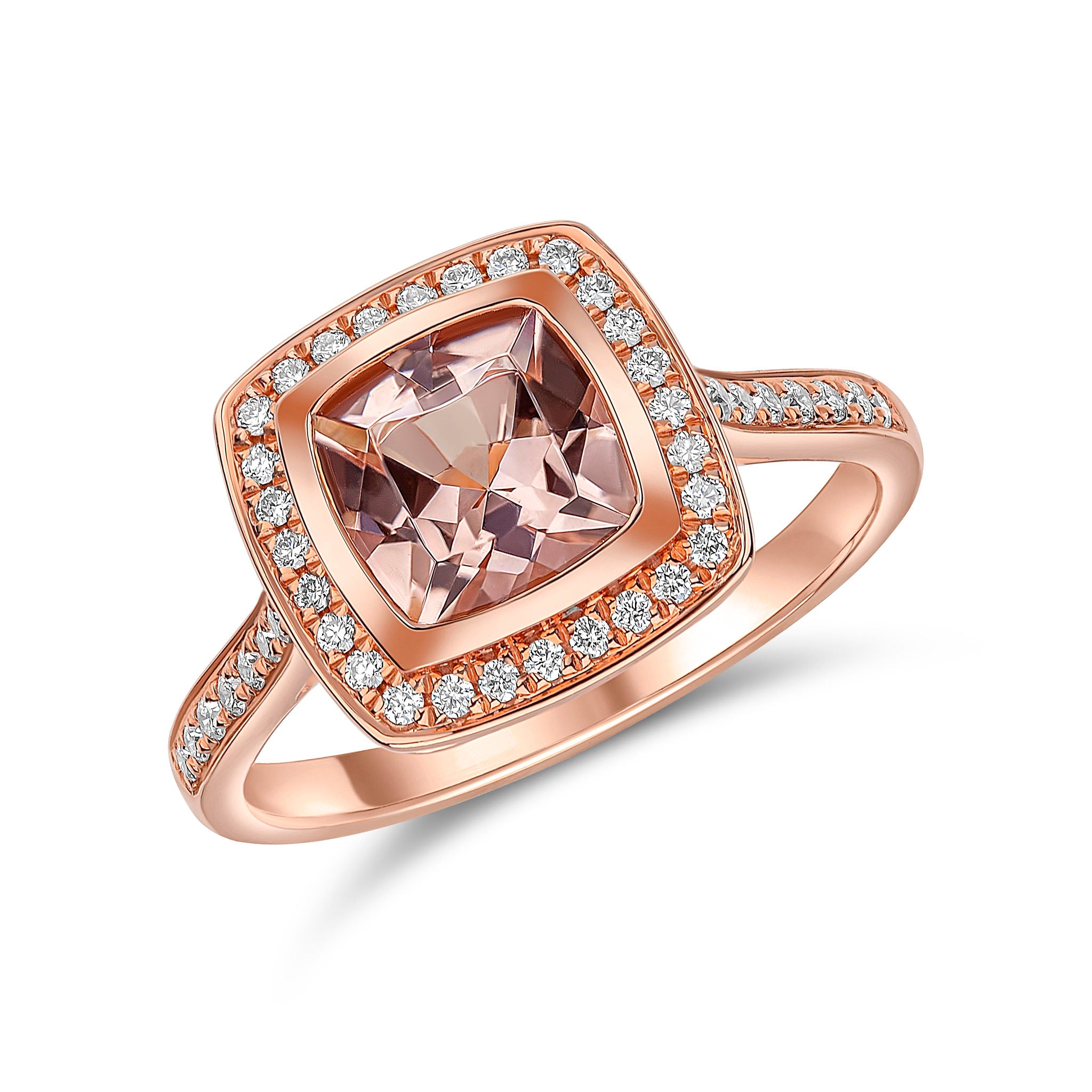18ct Rose Gold Rubover 7mm Cushion Morganite and Grain Set Diamond Cluster Ring with Diamond Set Shoulders