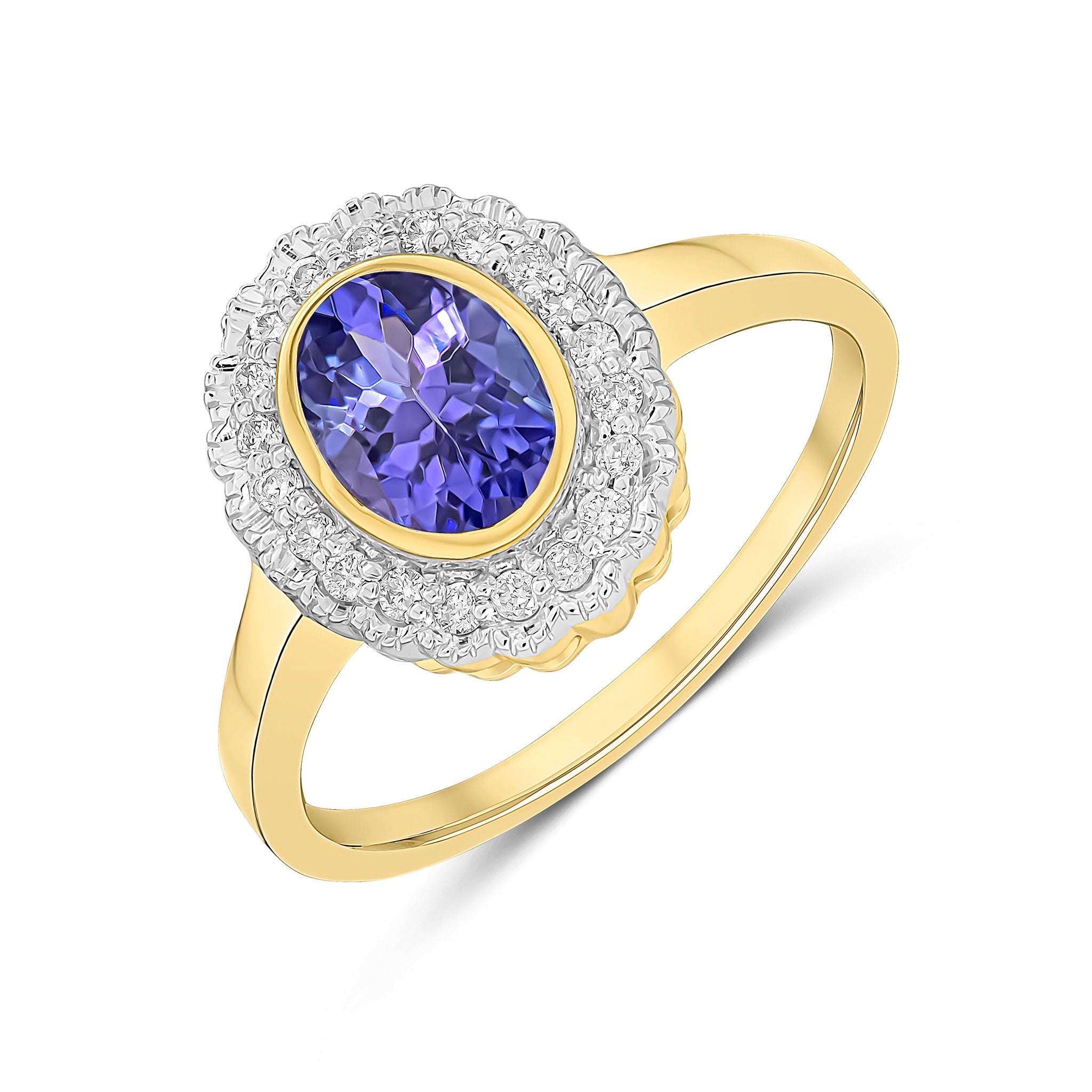 9ct Yellow Gold Rubover Oval Tanzanite and Milgrain Round Diamond Cluster Ring Rhodium to Diamonds