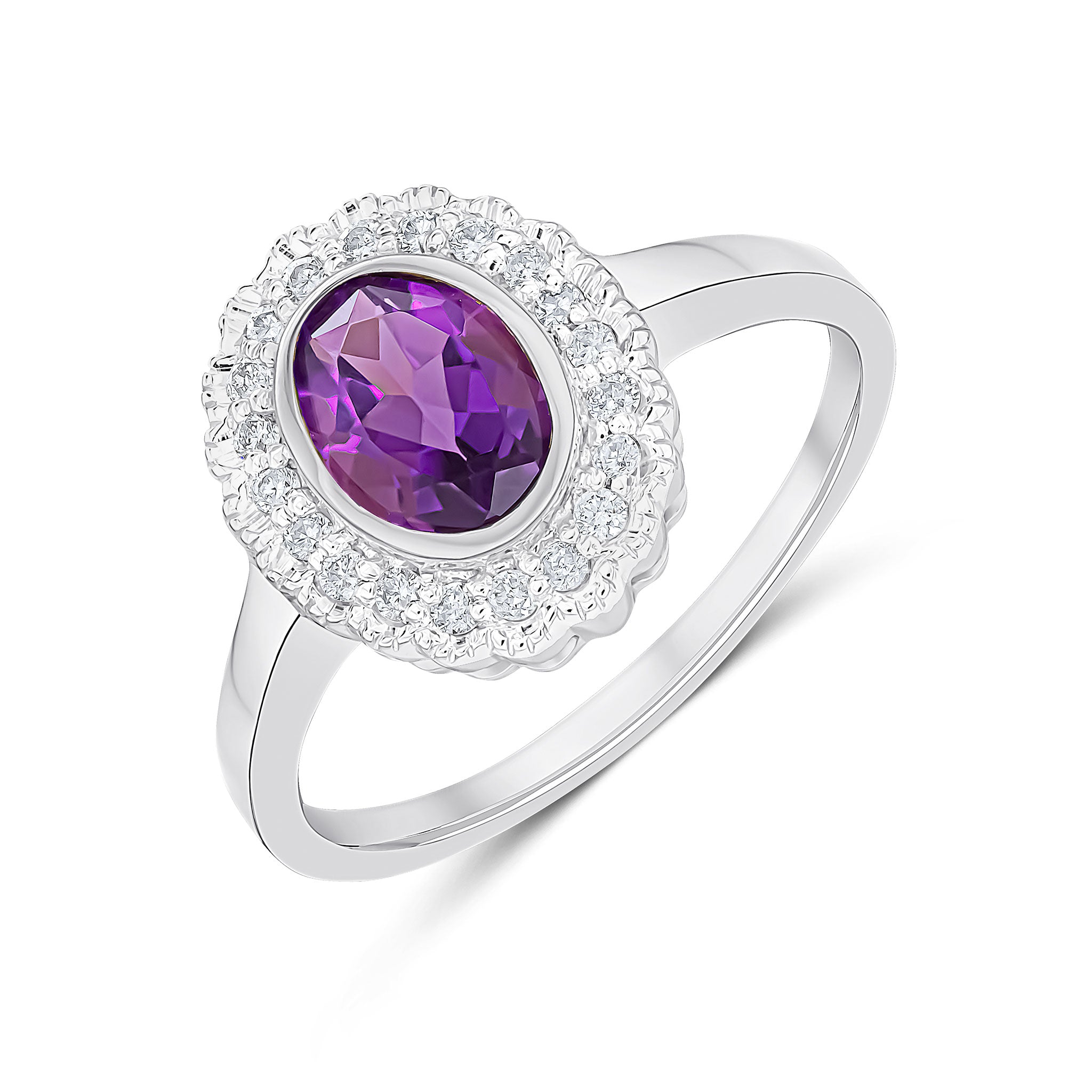 9ct White Gold Rubover Oval Amethyst and Milgrain Round Diamond Cluster Ring