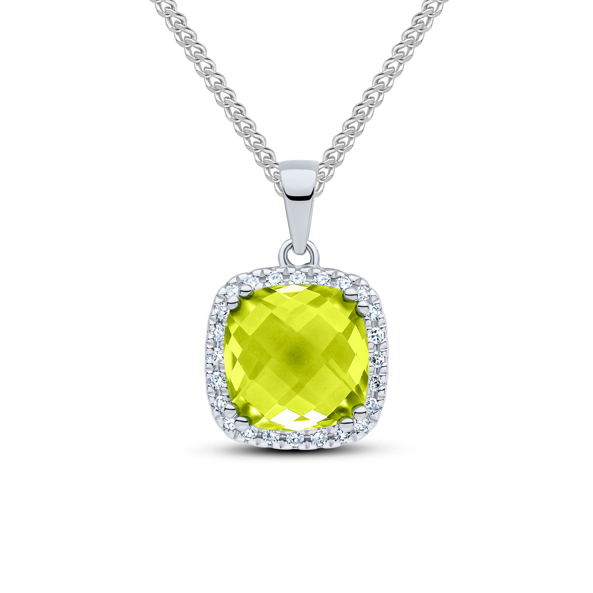 9ct White Gold 8mm Checkeboard Cut Cushion Peridot & Diamond Claw Set Cluster Pendant