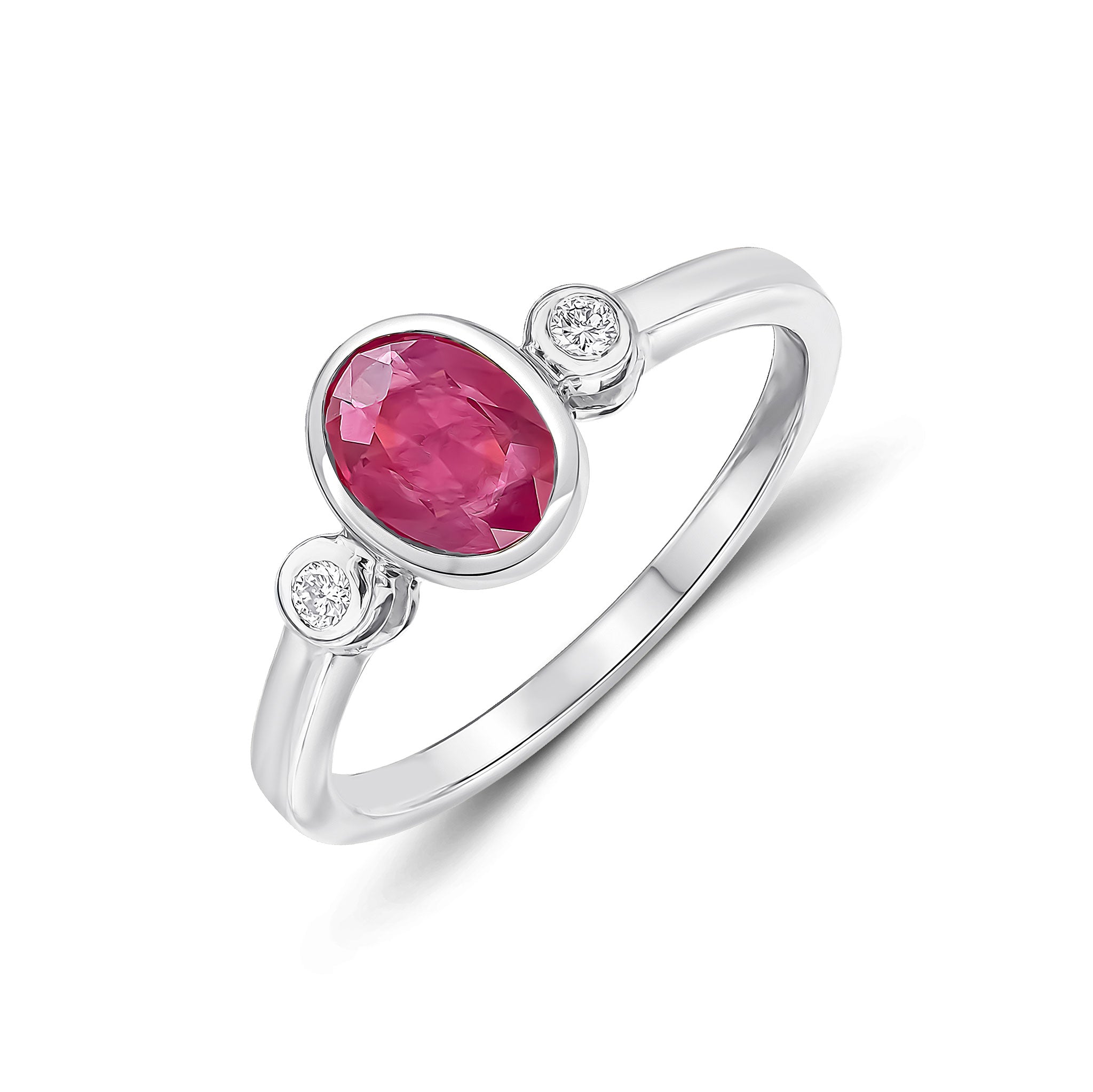 9CT WG 7X5 OVAL RUBY AND ROUND DIAMOND 3ST RUBOVER RING 1