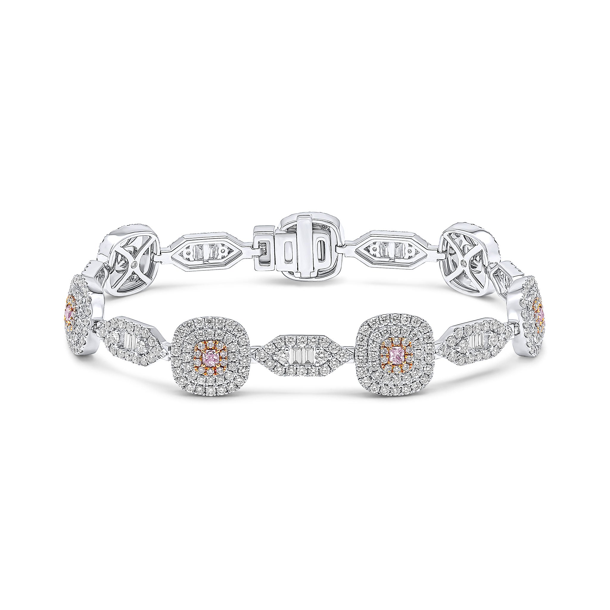 18ct White Gold Cushion and Round Pink Diamond and Diamond Clusters with Baguette and Round Diamond Lozenge Shape Clusters Bracelet