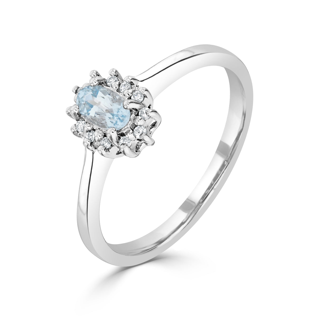 9ct White Gold 5x3 Oval Aquamarine & Diamond Claw Set Cluster Ring