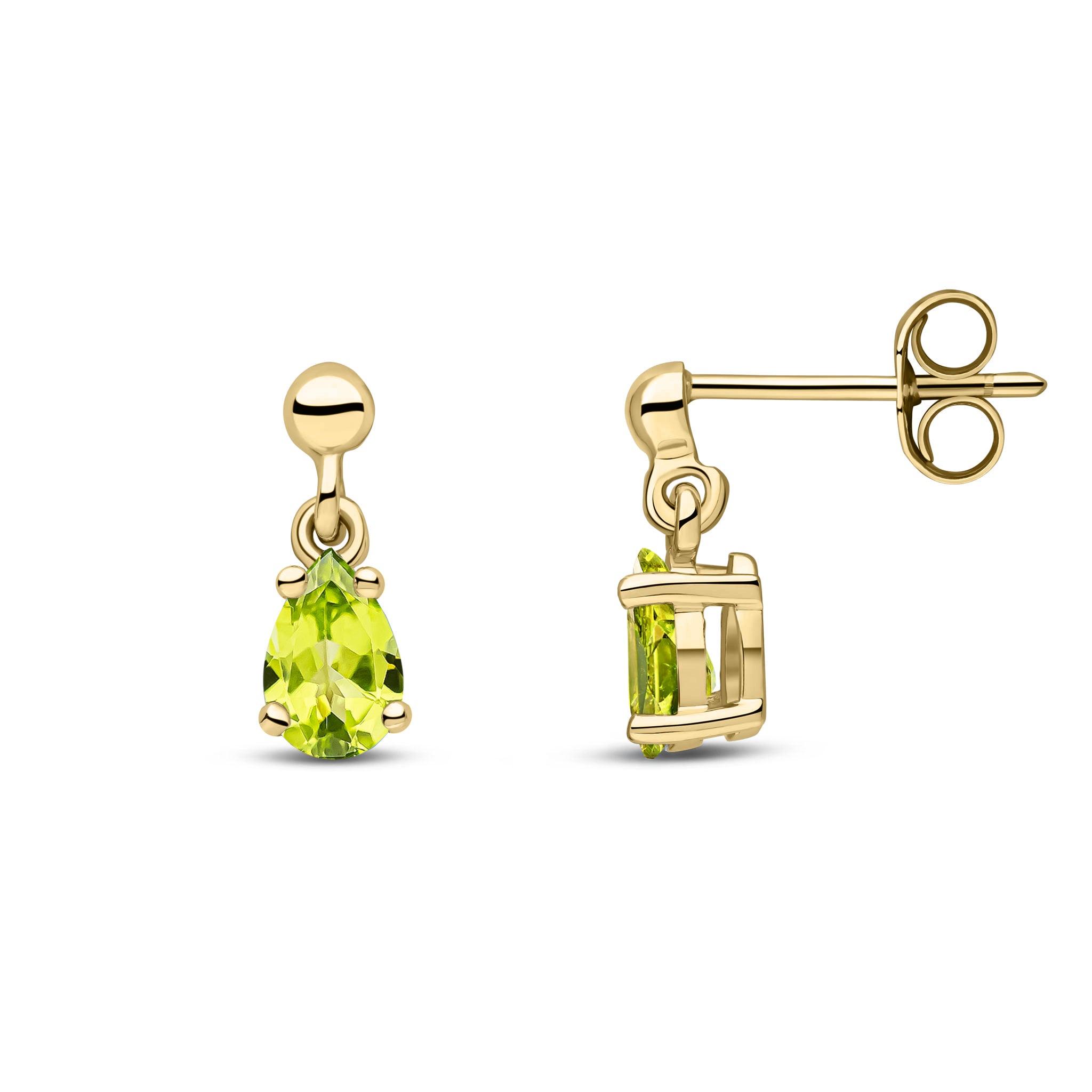 9ct Yellow Gold 6x4 Pear Shape Peridot Claw Set Drop Earrings with Bead Stud Top