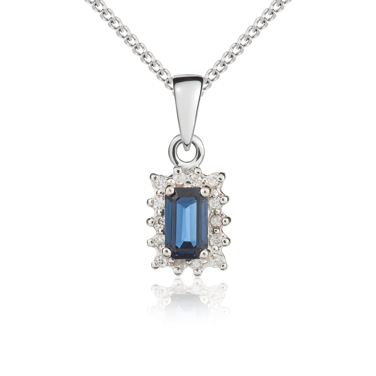 9ct White Gold Octagonal Blue Sapphire & Diamond Cluster Pendant