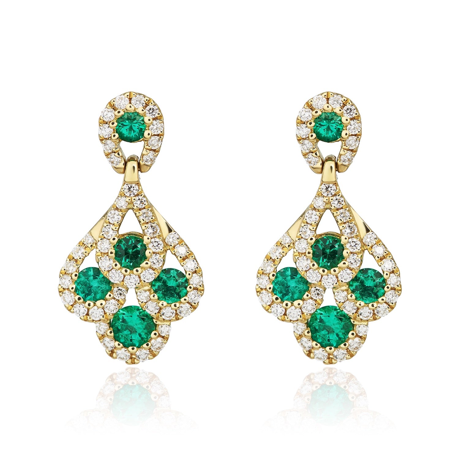 18ct Yellow Gold Round Emerald & Diamond 'peacock' Drop Earrings