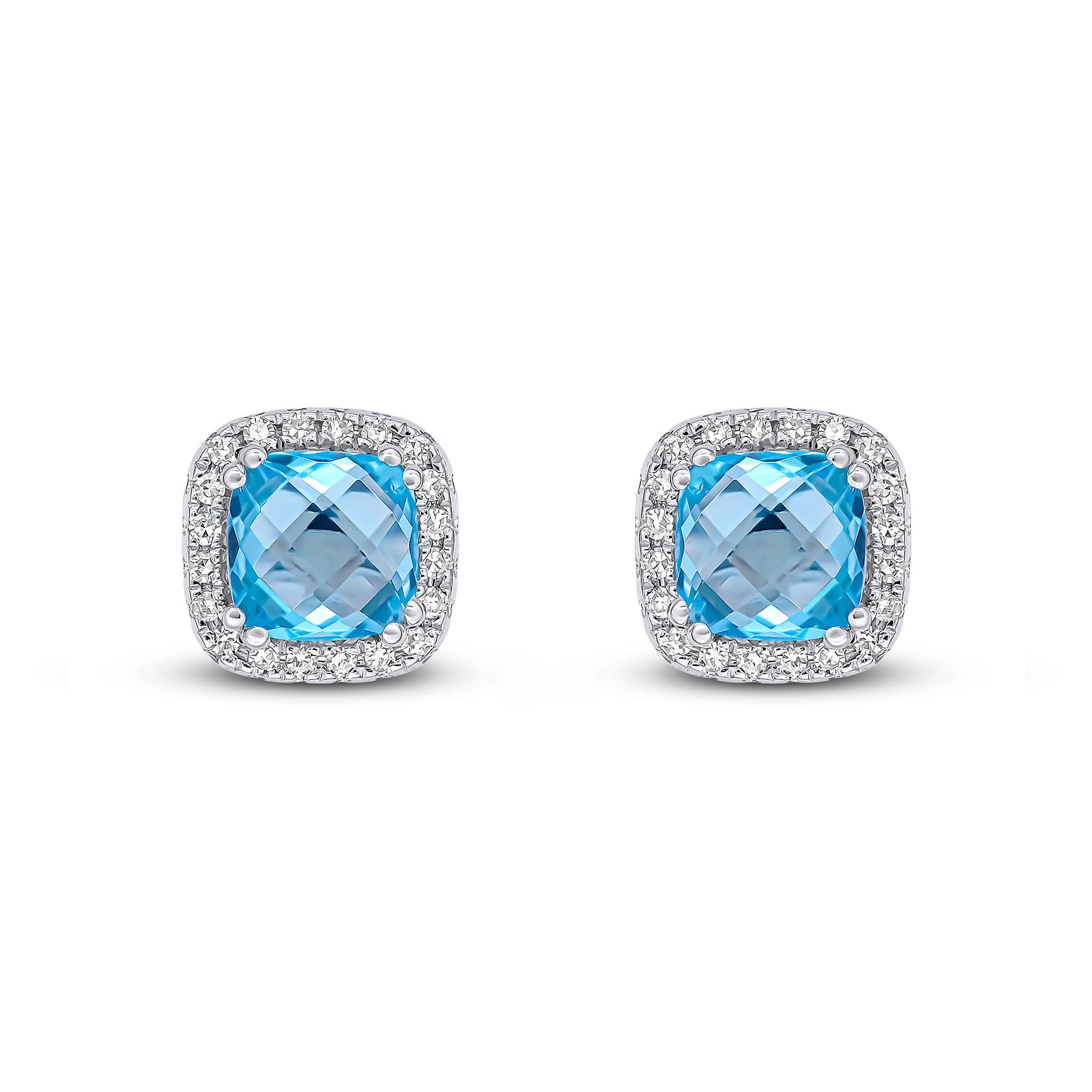 9ct White Gold 5mm Checkerboard Cut Cushion Swiss Blue Topaz & Diamond Cluster Earrings