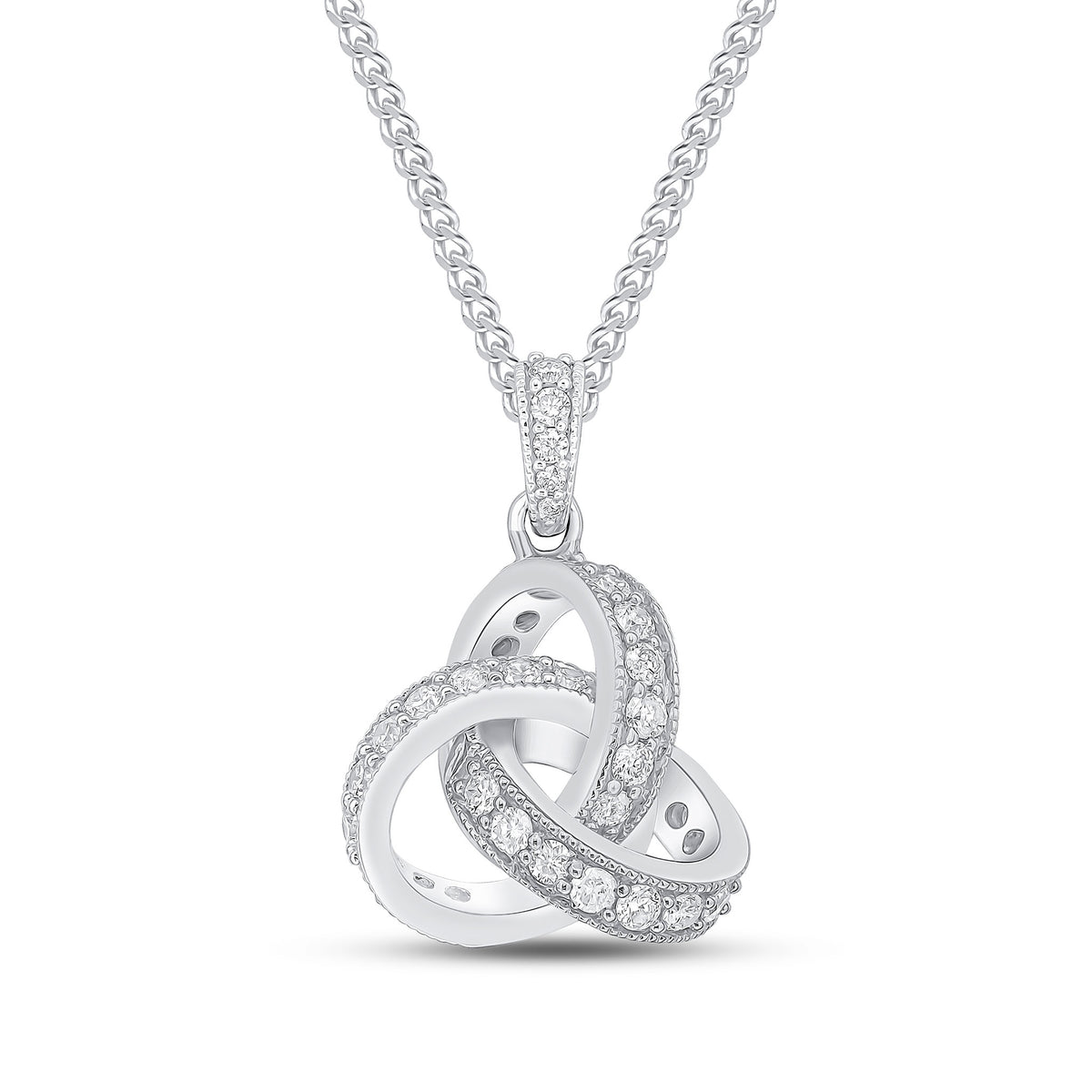 18ct White Gold Round Diamond Grain Set Knot Pendant with Diamond Set Loop Top Large