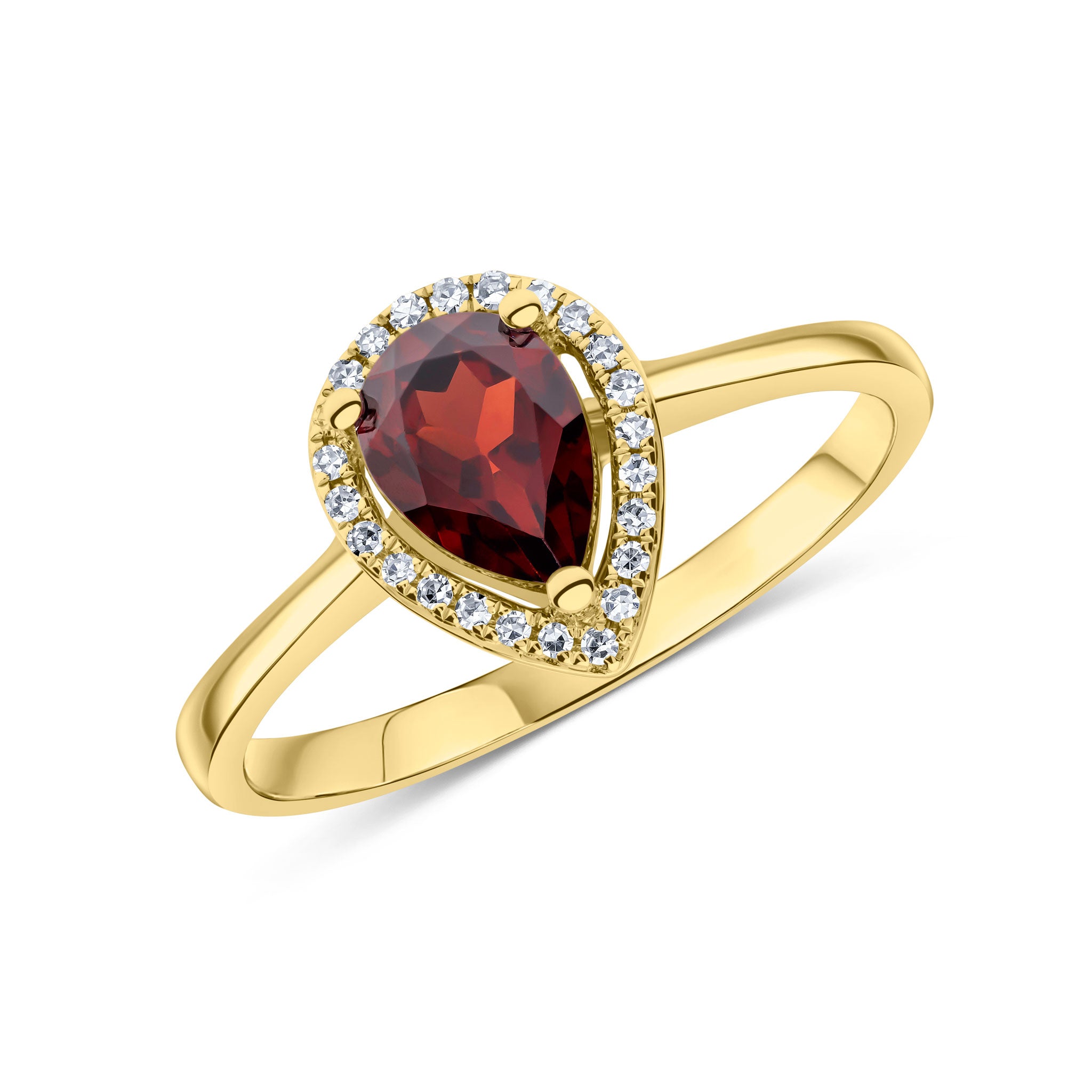 9CT YG 7X5 PEARSHAPE GARNET & ROUND DIAMOND CLAW SET HALO CLUSTER RING . RHODIUM TO DIAMONDS 1