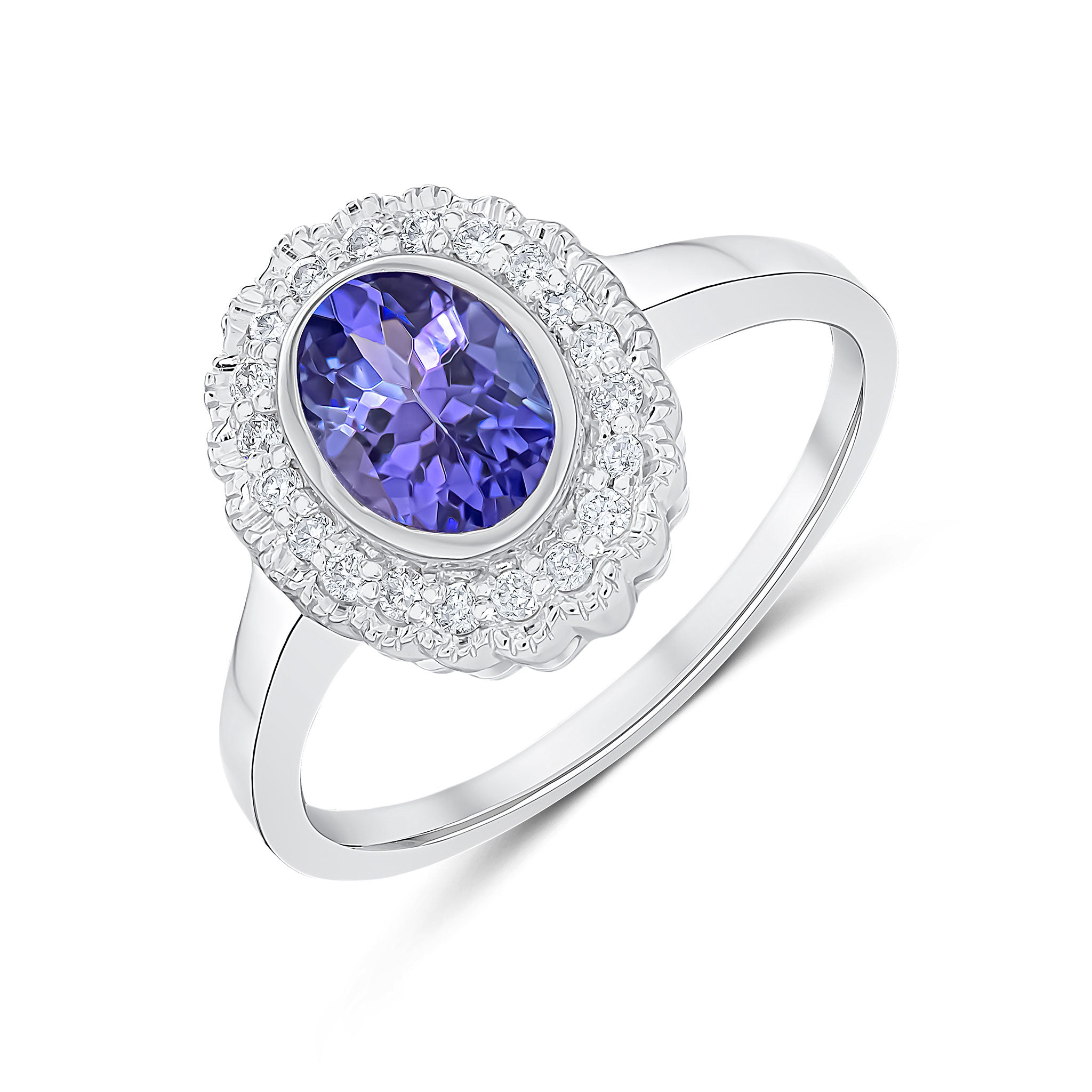 9CT WHITE GOLD RUBOVER OVAL TANZANITE AND MILLEGRAIN ROUND DIAMOND CLUSTER RING 1