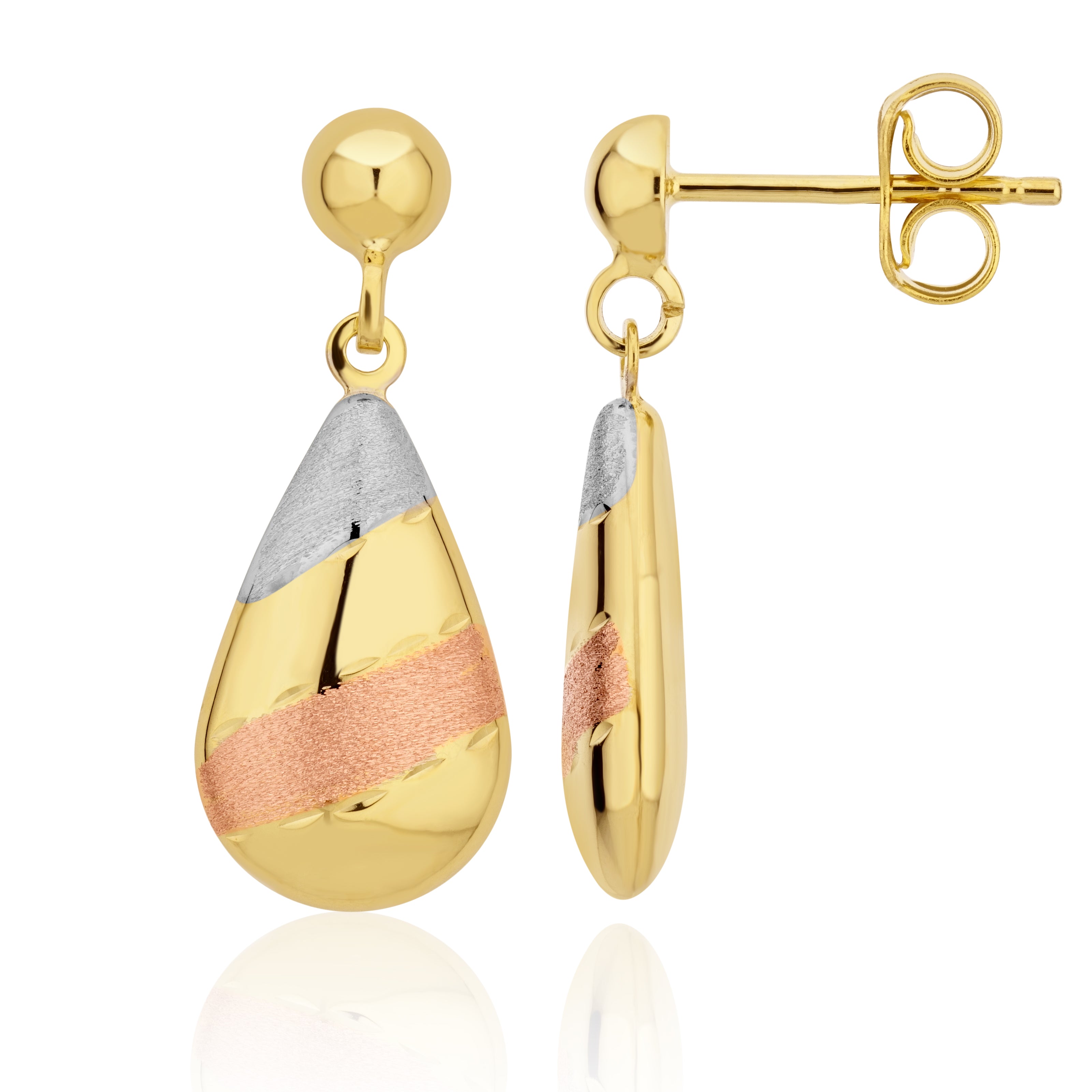 9ct Yellow, White And Rose Gold Flat Polished And Satin Striped Dro