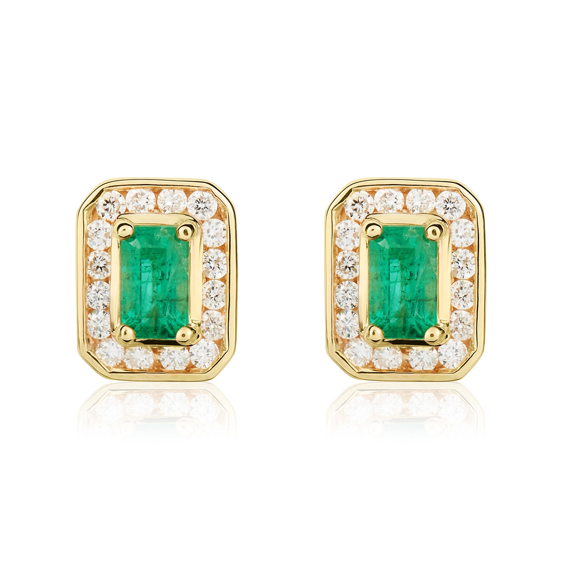 9ct Yellow Gold 5x3 Octagon Emerald and Diamond Cluster Earrings
