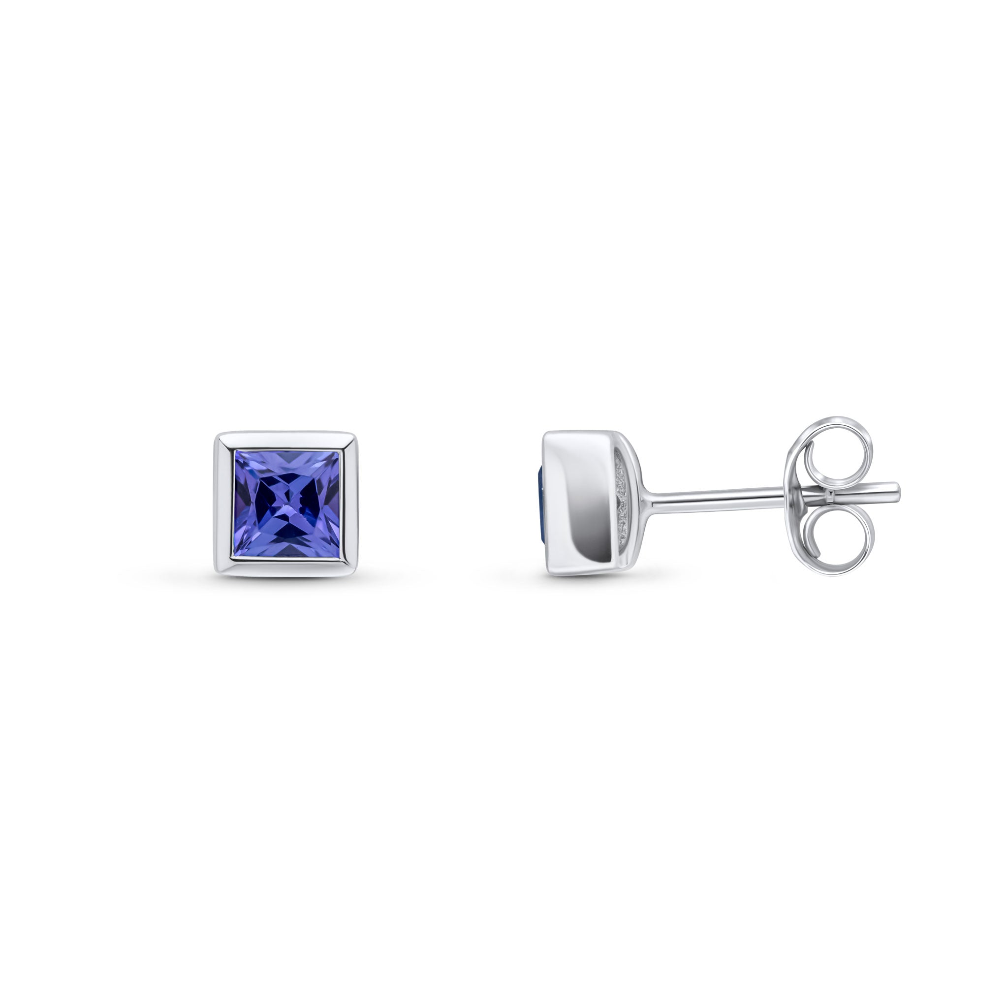 9ct White Gold 4mm Square Tanzanite Rubover Set Earrings