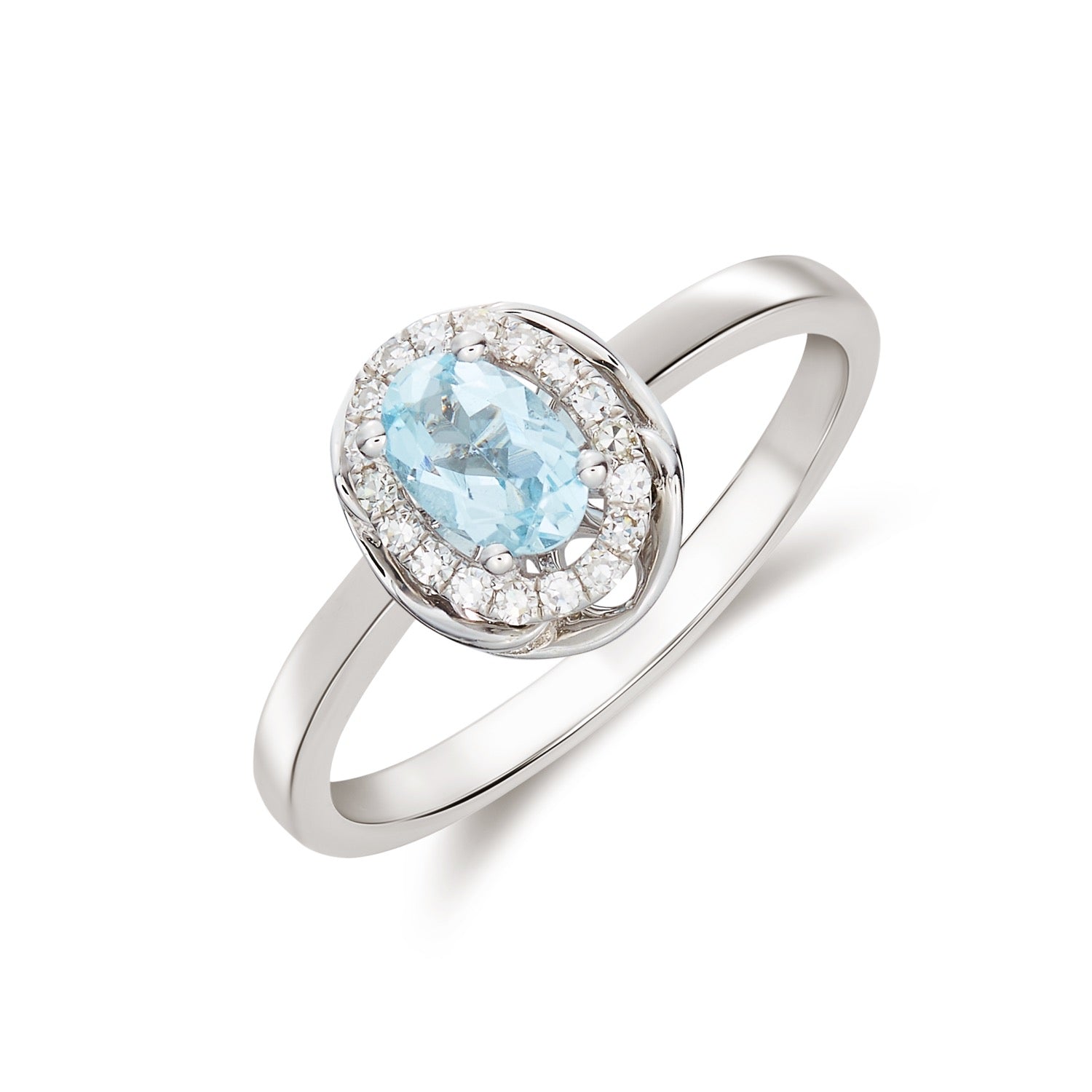 9ct White Gold 6x4 Oval Aquamarine & Diamond Cluster Ring with Rope Edge