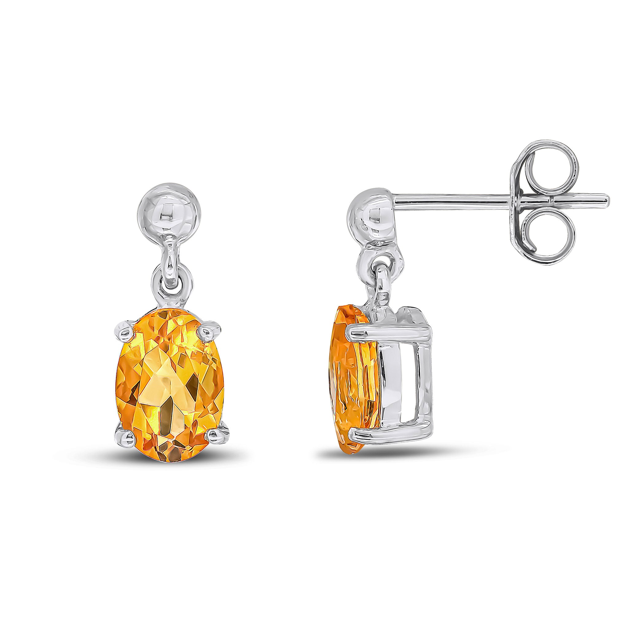 9ct White Gold Oval 7x5mm Citrine Claw Drop Earrings with Bead Top
