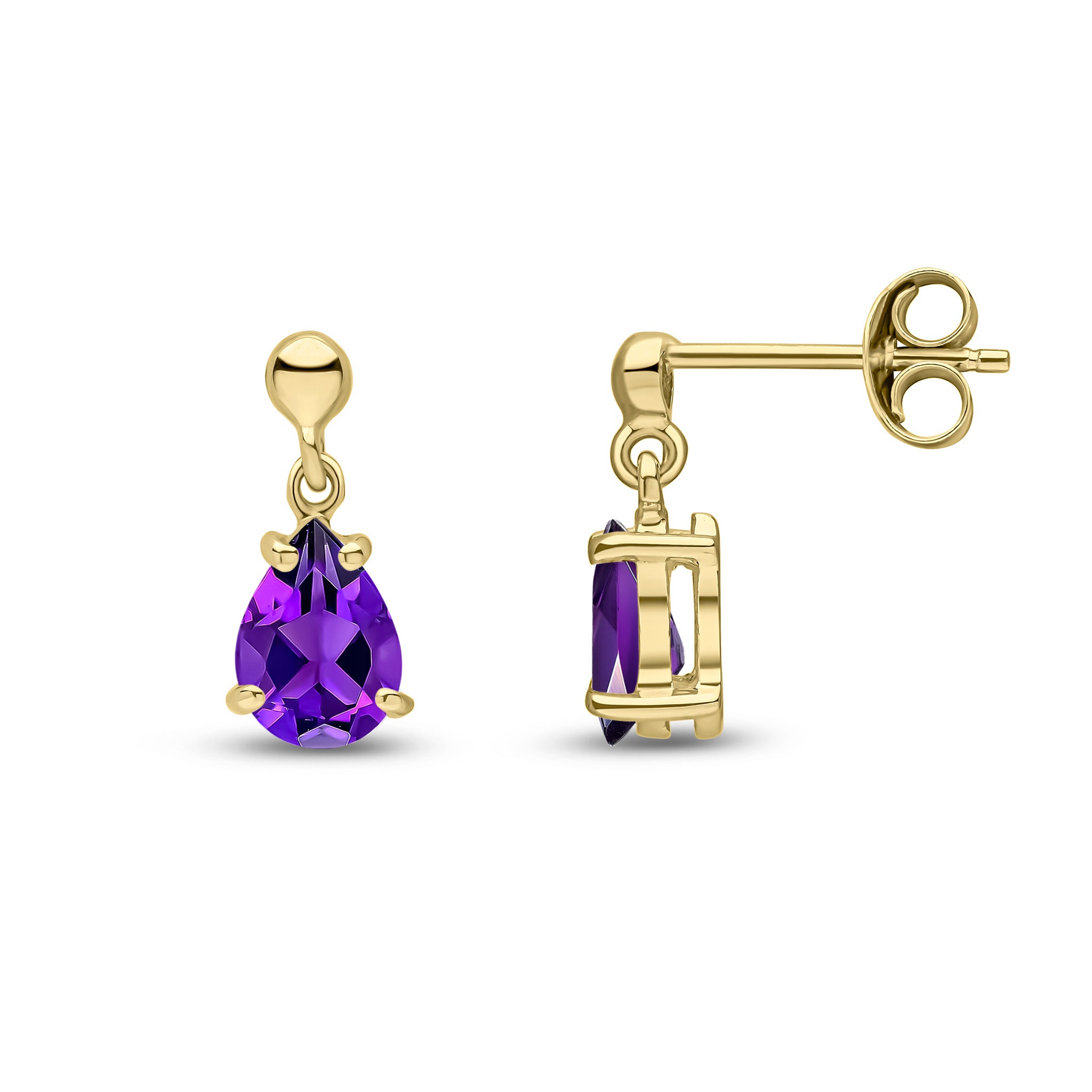 9ct Yellow Gold 7x5 Pear Shape Amethyst Claw Set Drop Earrings with Bead Top