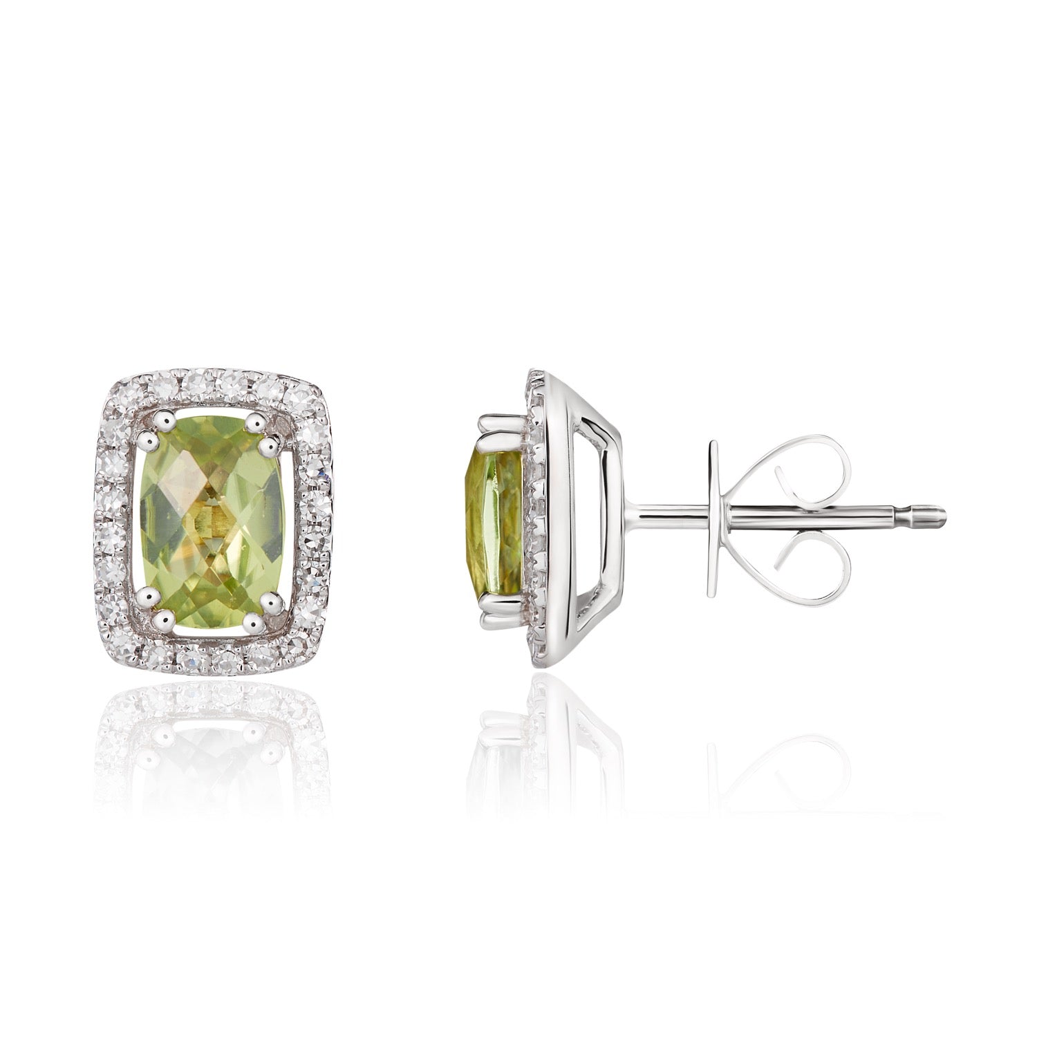 9ct White Gold 6x4 Cushion Peridot & Diamond Cluster Stud Earrings