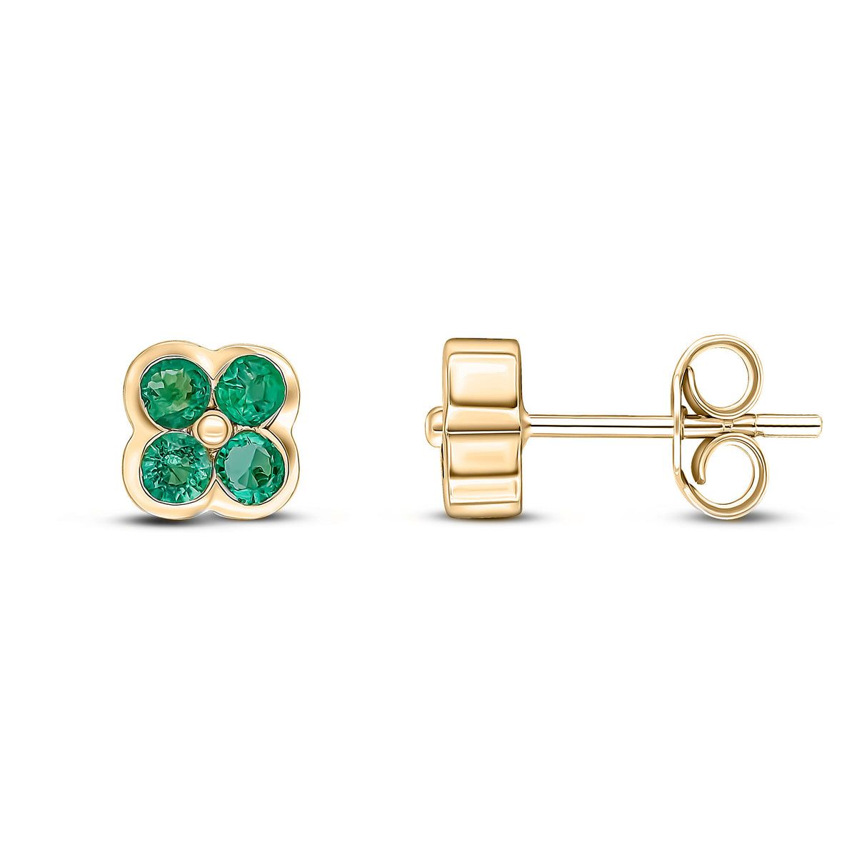 9ct Yellow Gold Round Emerald 4 Stone Rubover Earrings