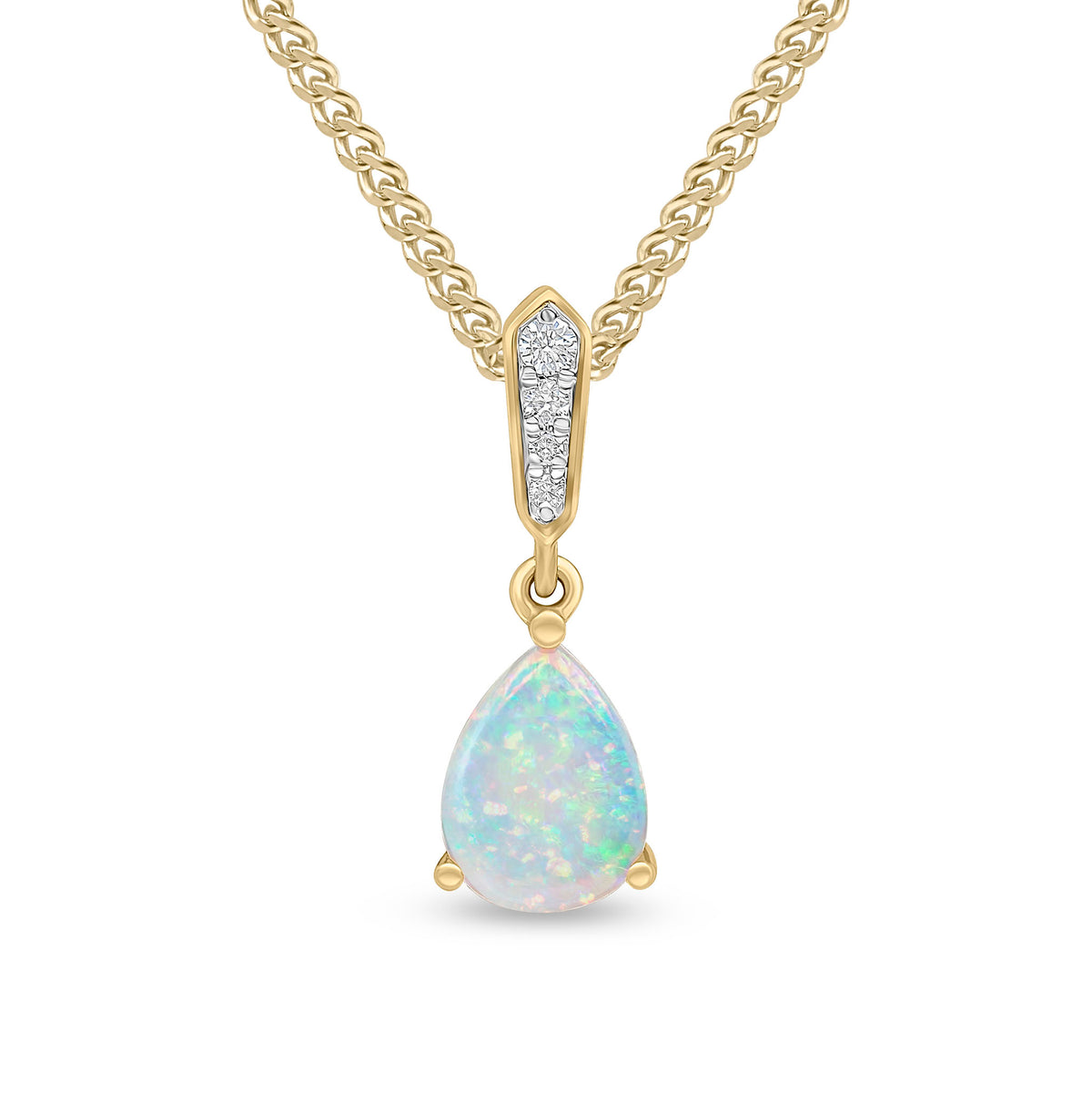 18ct Yellow Gold Claw Set 8x6 Pear Shape Opal & Grain Set Diamond Loop Pendant Rhodium to Diamonds