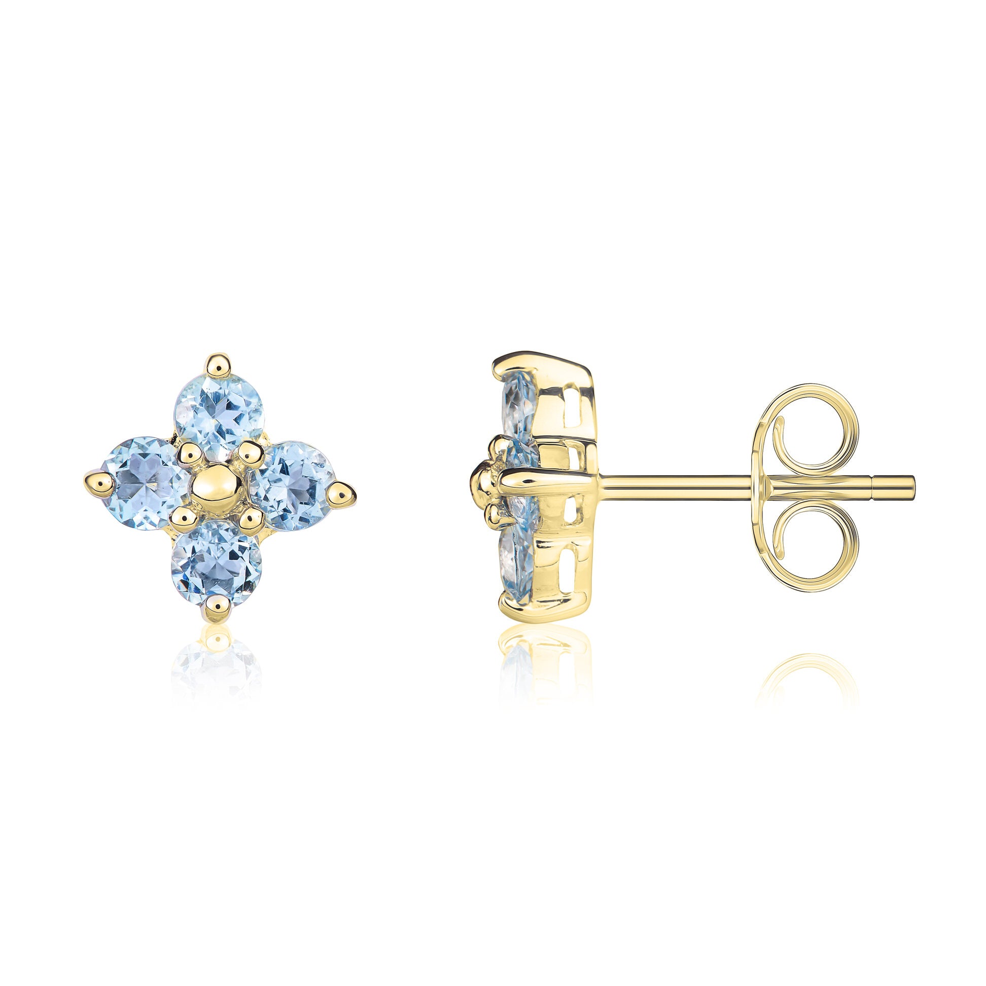 9ct Yellow Gold Round Aquamarine Quatrefoil Claw Earrings
