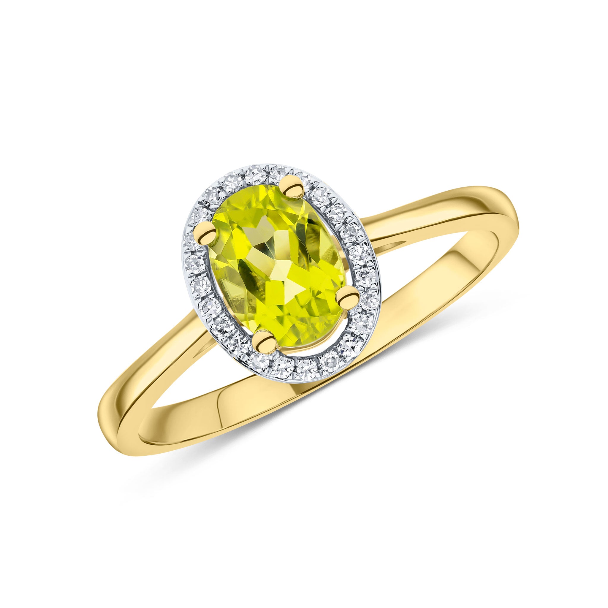 9ct Yellow Gold 7x5 Oval Peridot & Round Diamond Halo Cluster Ring Rhodium to Diamonds