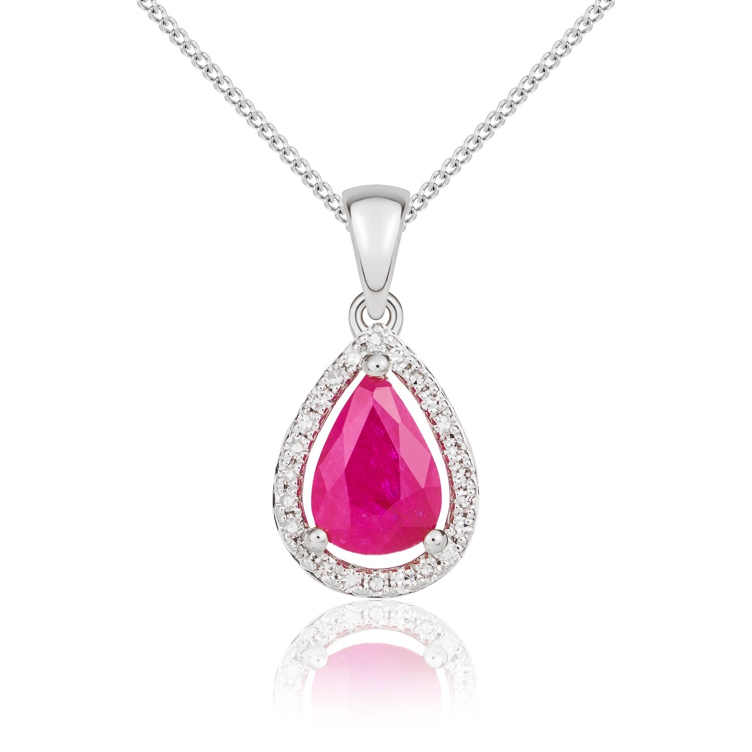 9ct White Gold 7x5 Pear Shape Ruby & Diamond Halo Claw Cluster Pendant
