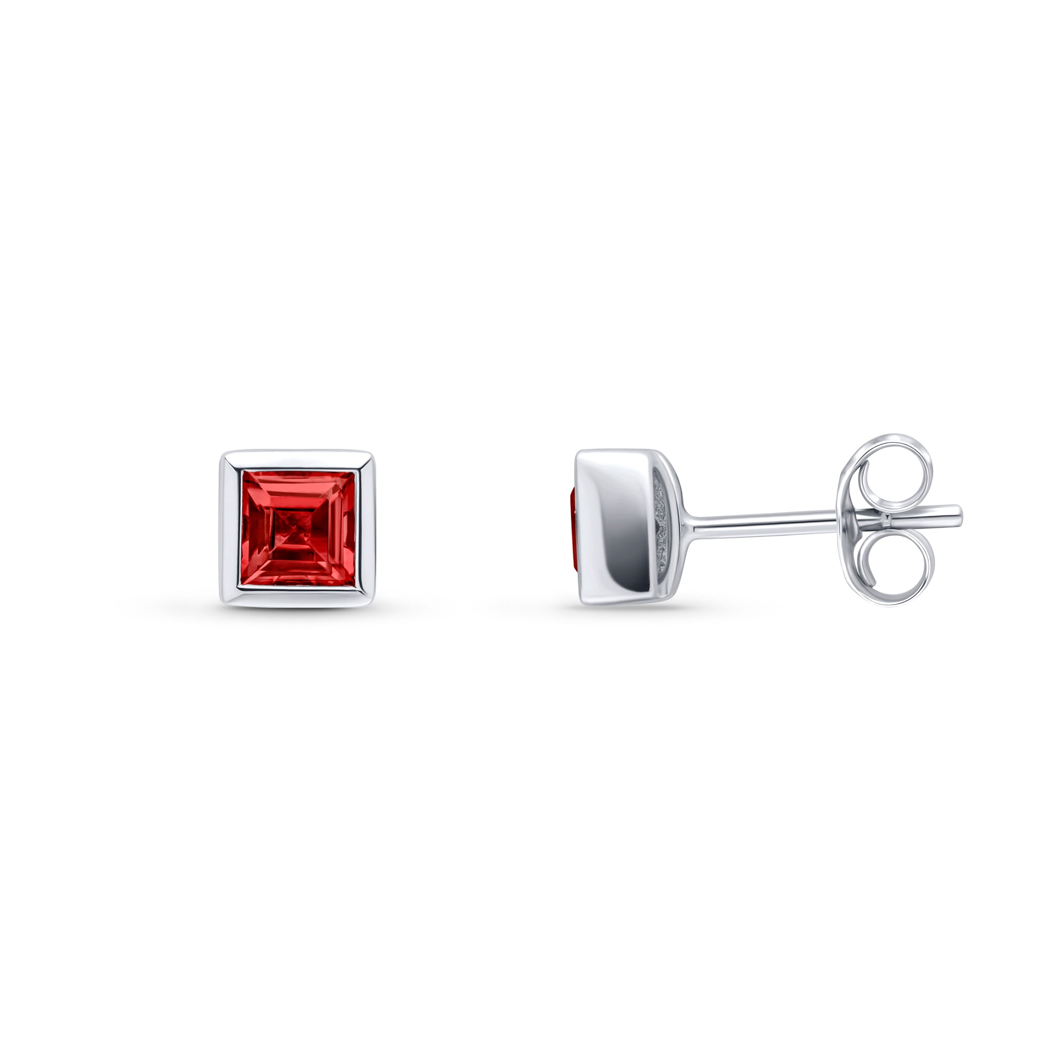 9ct White Gold 4mm Square Garnet Rubover Set Earrings