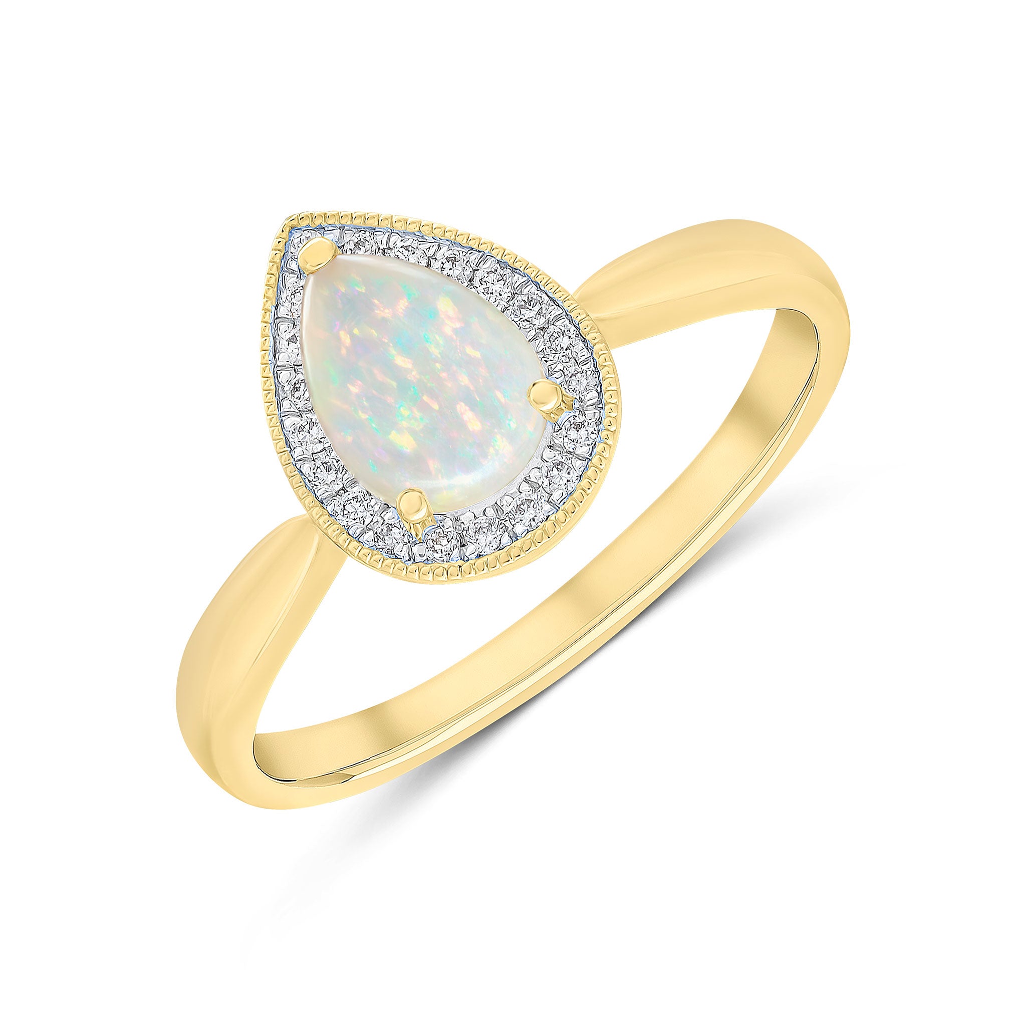 18ct Yellow Gold Claw Set 7x5 Pear Shape Opal & Diamond Cluster Ring Milgrain Edge
