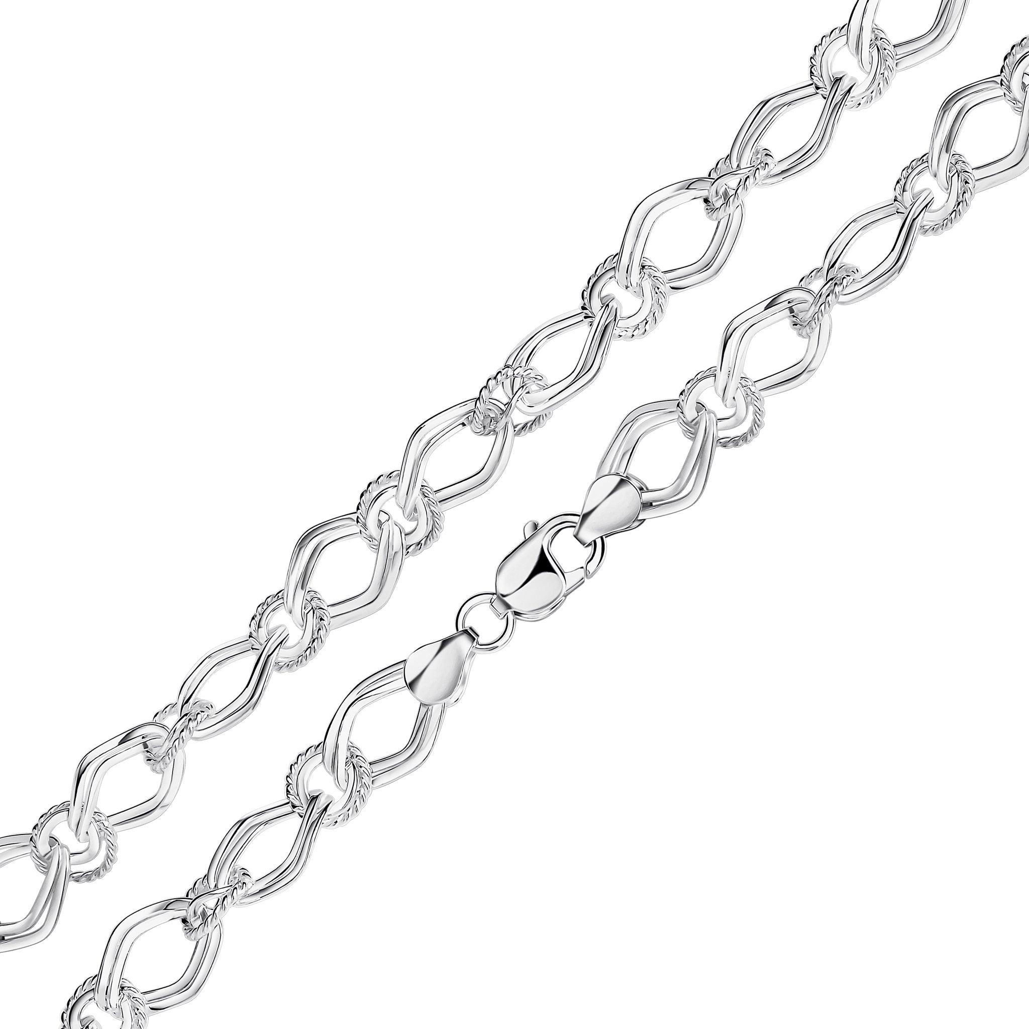 Silver Double Diamond and Textured Round Link 7.5"