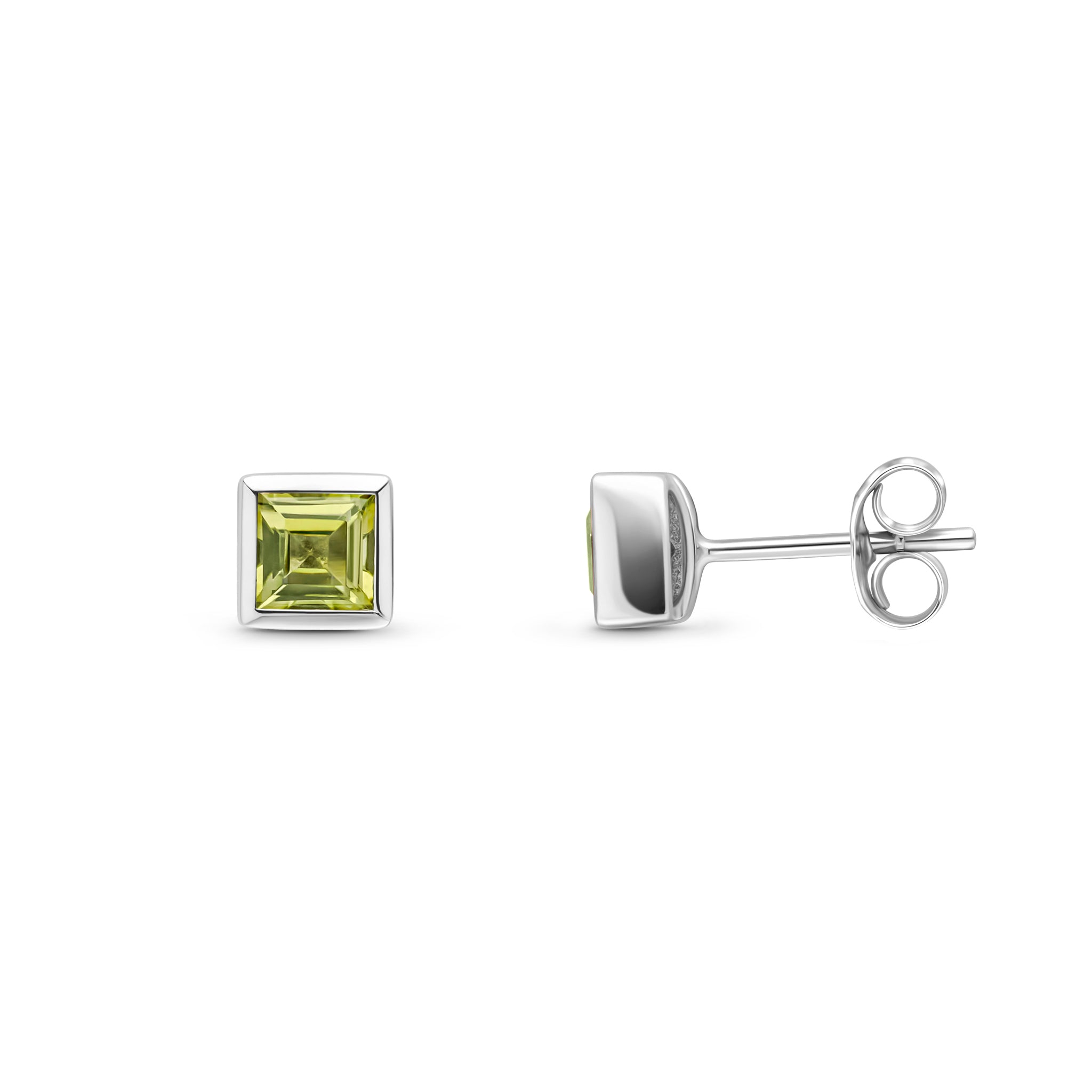 9ct White Gold 3mm Square Peridot Rubover Set Earrings