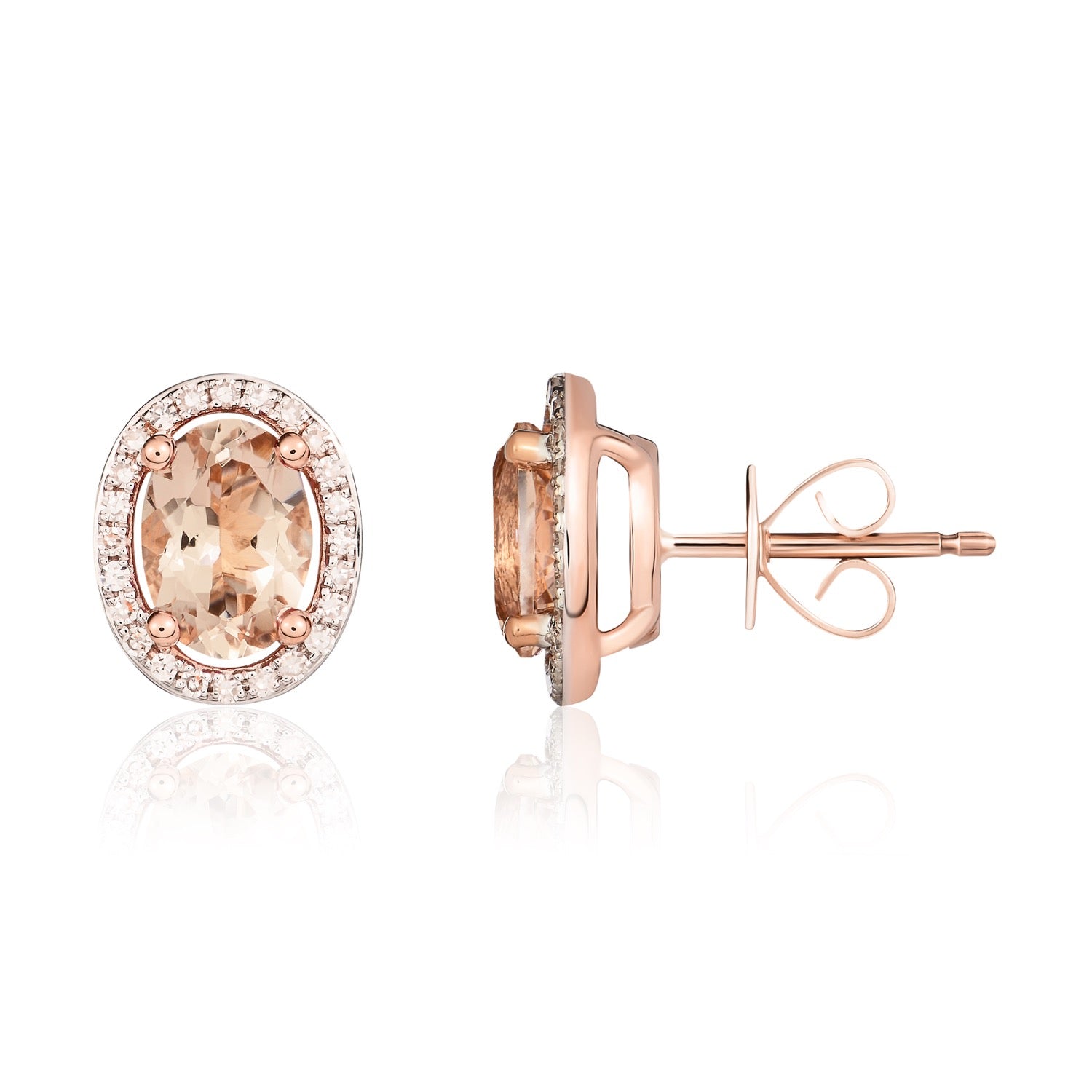 9ct Rose Gold 7x5 Oval Morganite and Round Diamond Claw Set Halo Cluster Earrings Rhodium to Diamonds