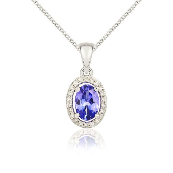9ct White Gold 6x4 Oval Tanzanite and Round Diamond Halo Cluster Pendant with Plain Loop Top