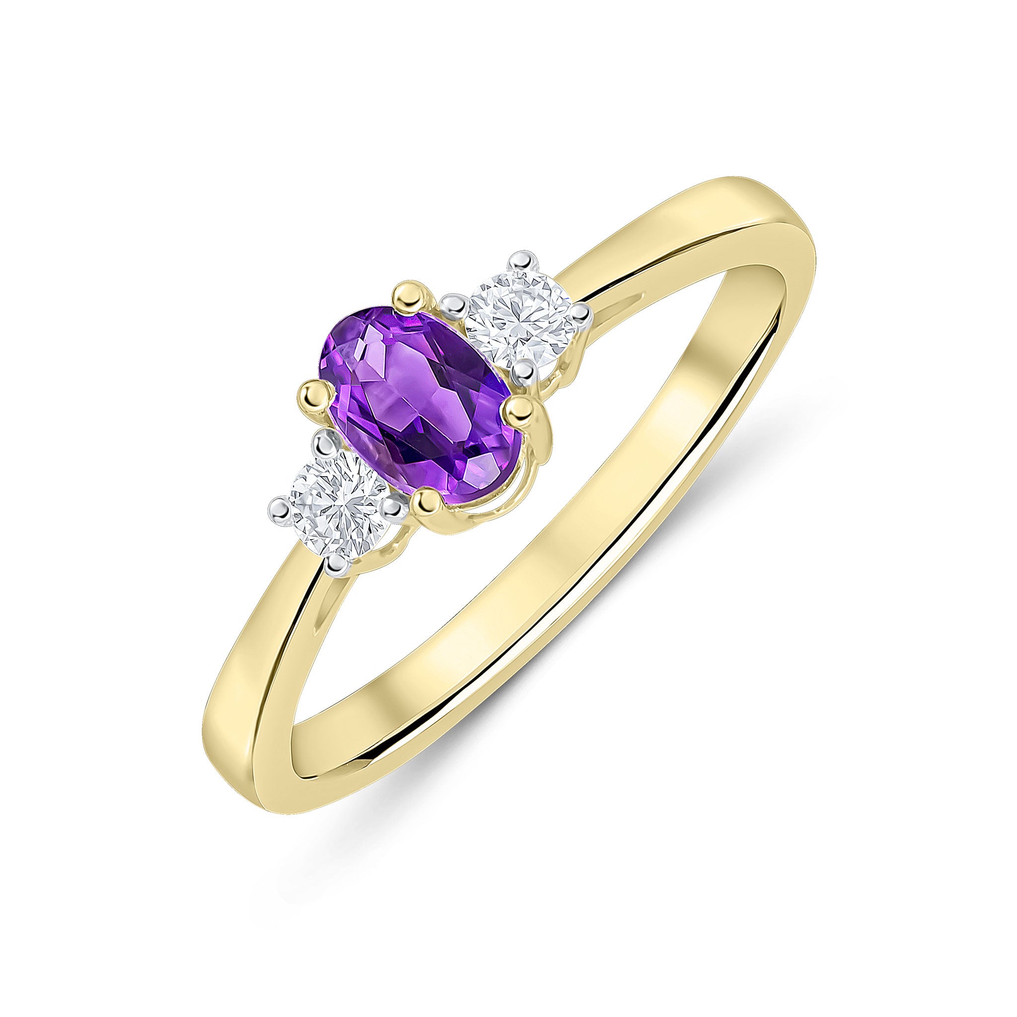 9ct Yellow Gold 6x4 Oval Amethyst and Round Diamond Claw Set 3 Stone Ring Rhodium to Diamonds