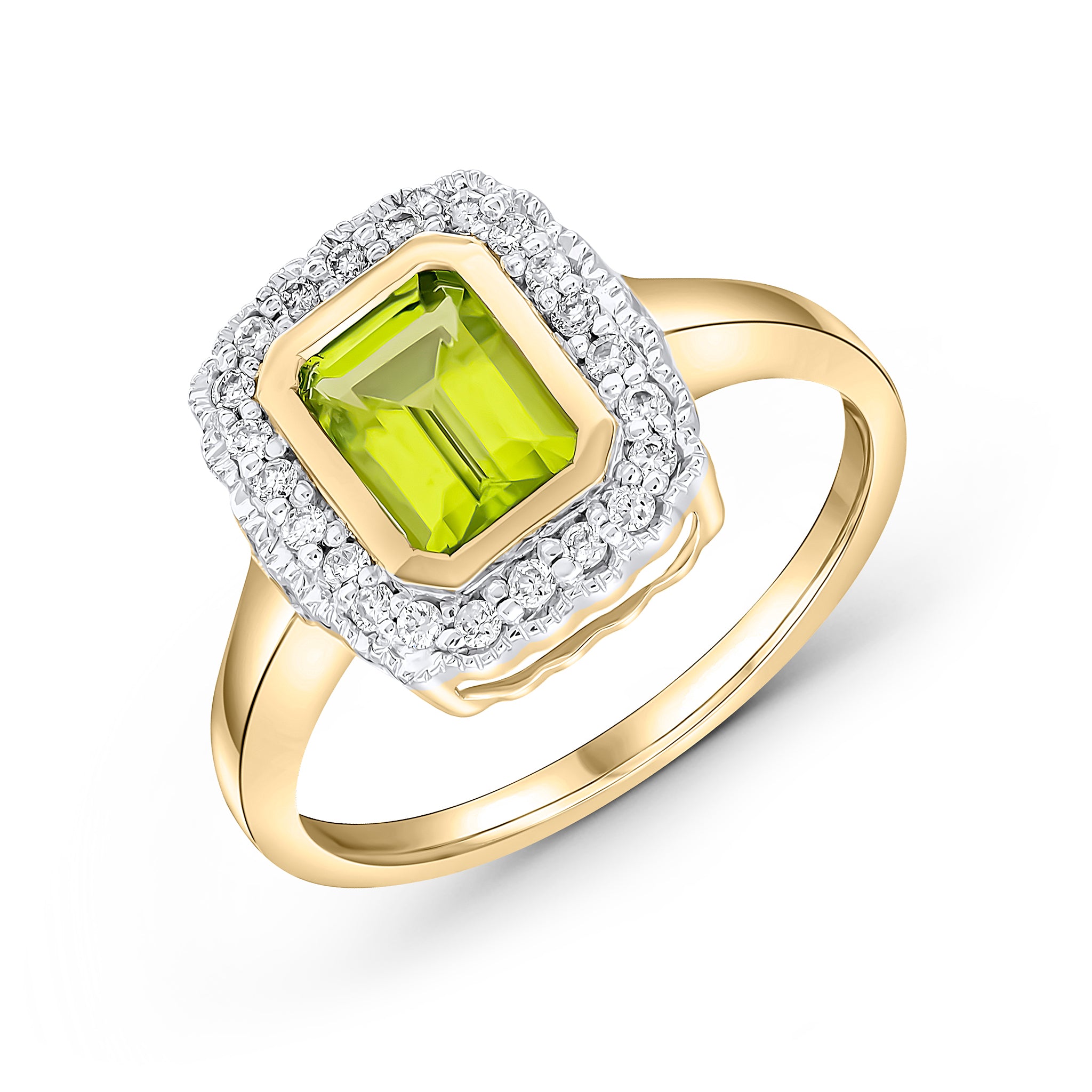9CT YG RUBOVER 7X5 OCTAGON PERIDOT AND DIAMOND CLUSTER RING WITH MILLEGRAIN EDGE. RHODIUM TO DIAMONDS 1