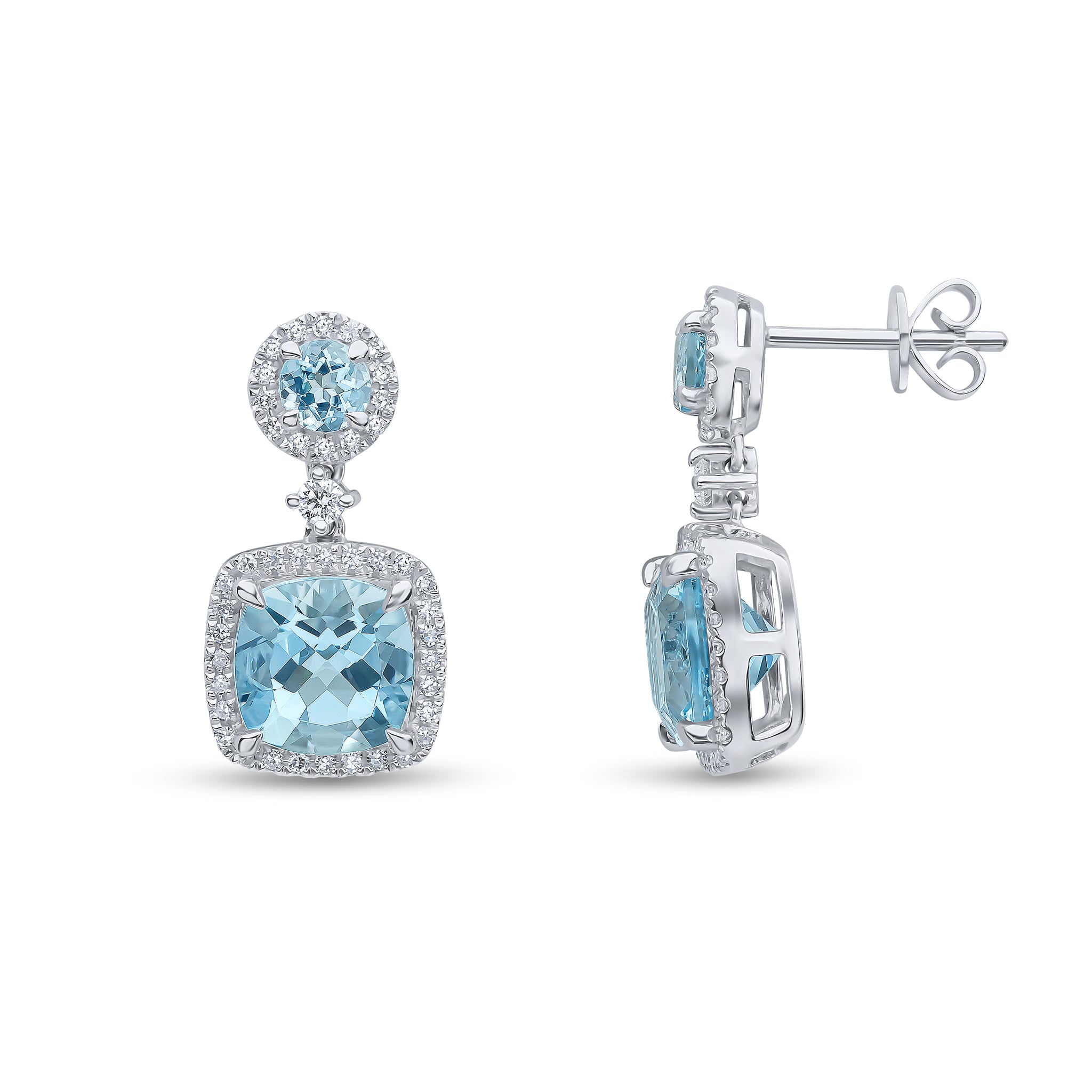 18ct White Gold Round and Cushion Aquamarine & Diamond Double Cluster Drop Earrings