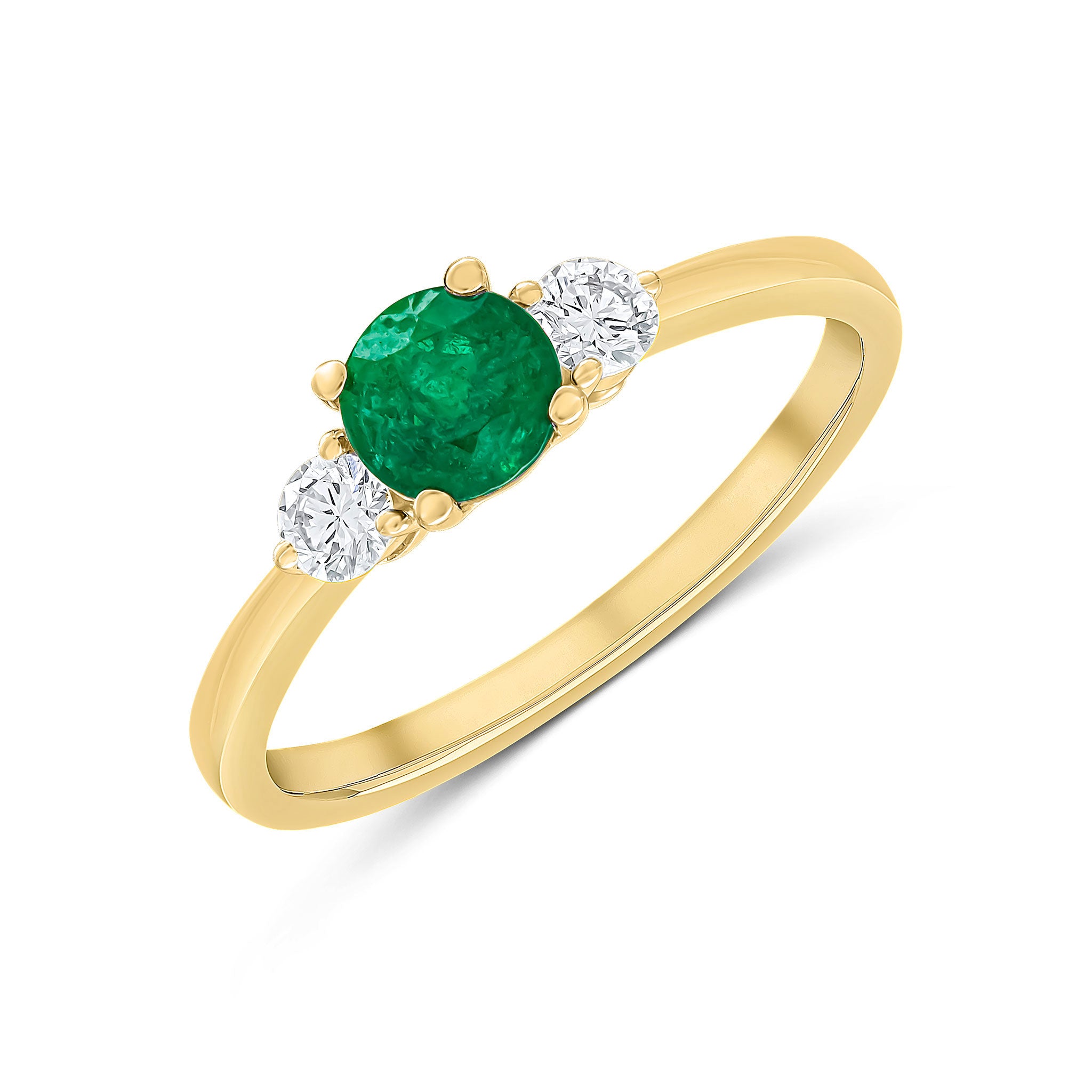18ct Ywg 5mm Round Emerald and Diamond 3 Stone Claw Set Ring