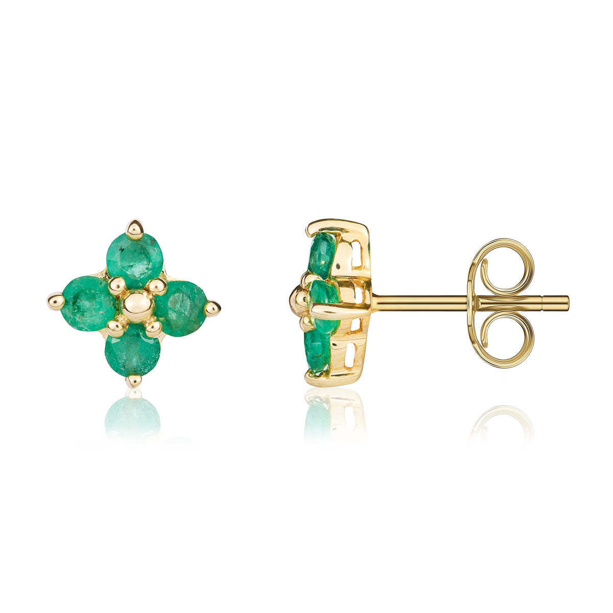 9ct Yellow Gold Round Emerald Quatrefoil Claw Earrings