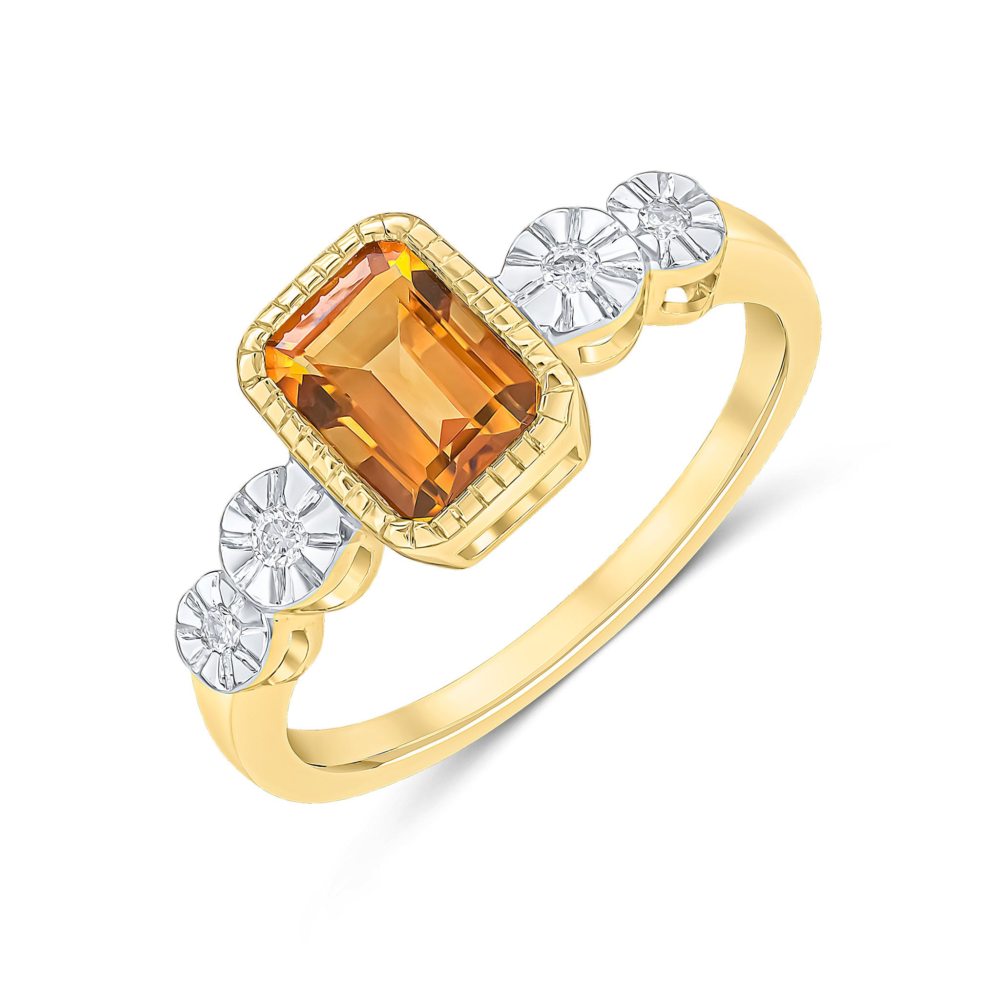 9ct Yellow Gold Milgrain Octagon Citrine and Illusion Diamond 2 Stone Shoulders Ring