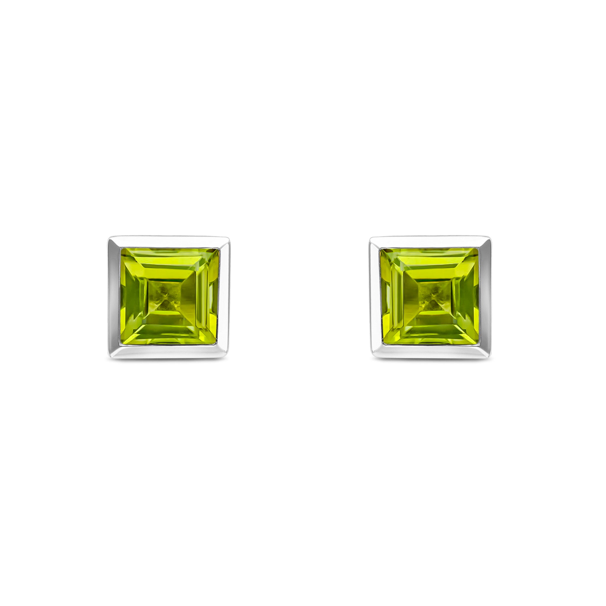 9ct White Gold 5mm Square Peridot Rubover Set Earrings