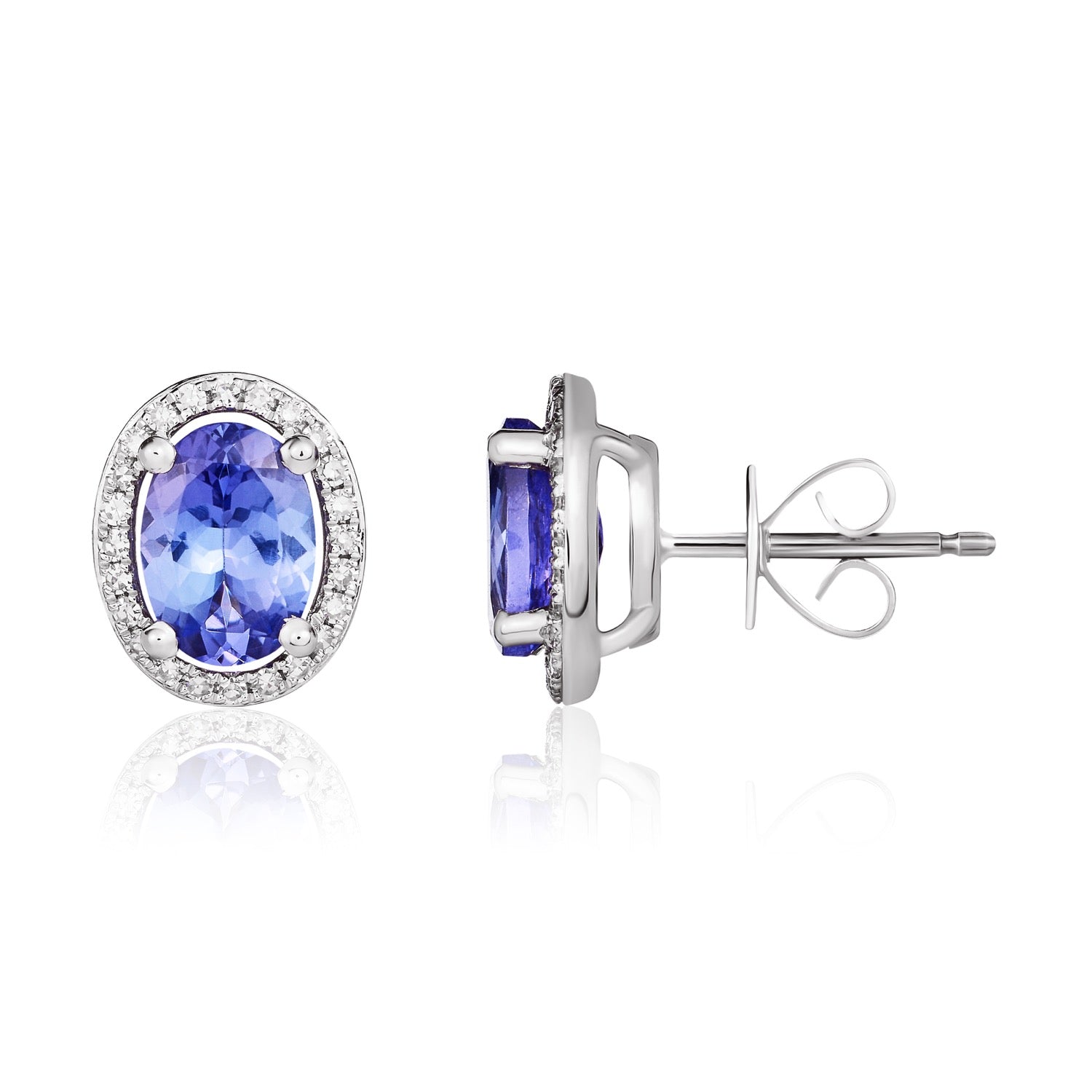 9ct White Gold 7x5 Oval Tanzanite and Round Diamond Claw Set Halo Cluster Earrings