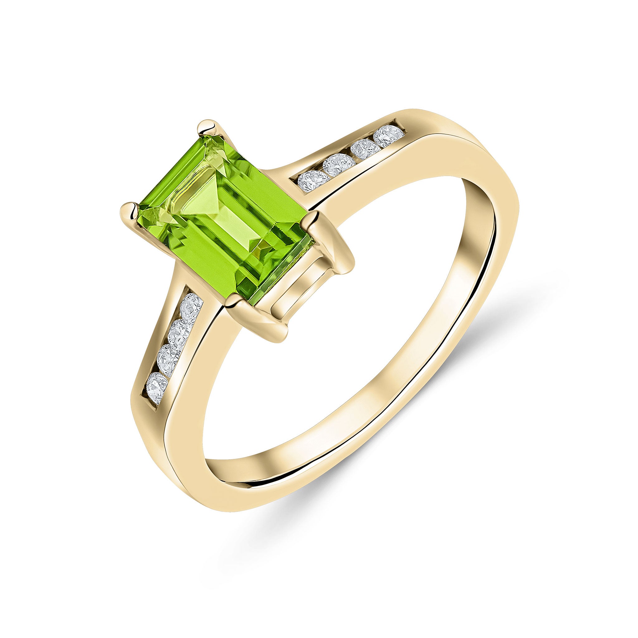9ct Yellow Gold 7x5 Octagon Peridot Claw Set Single Stone Ring with Channel Set Diamond Shoulders