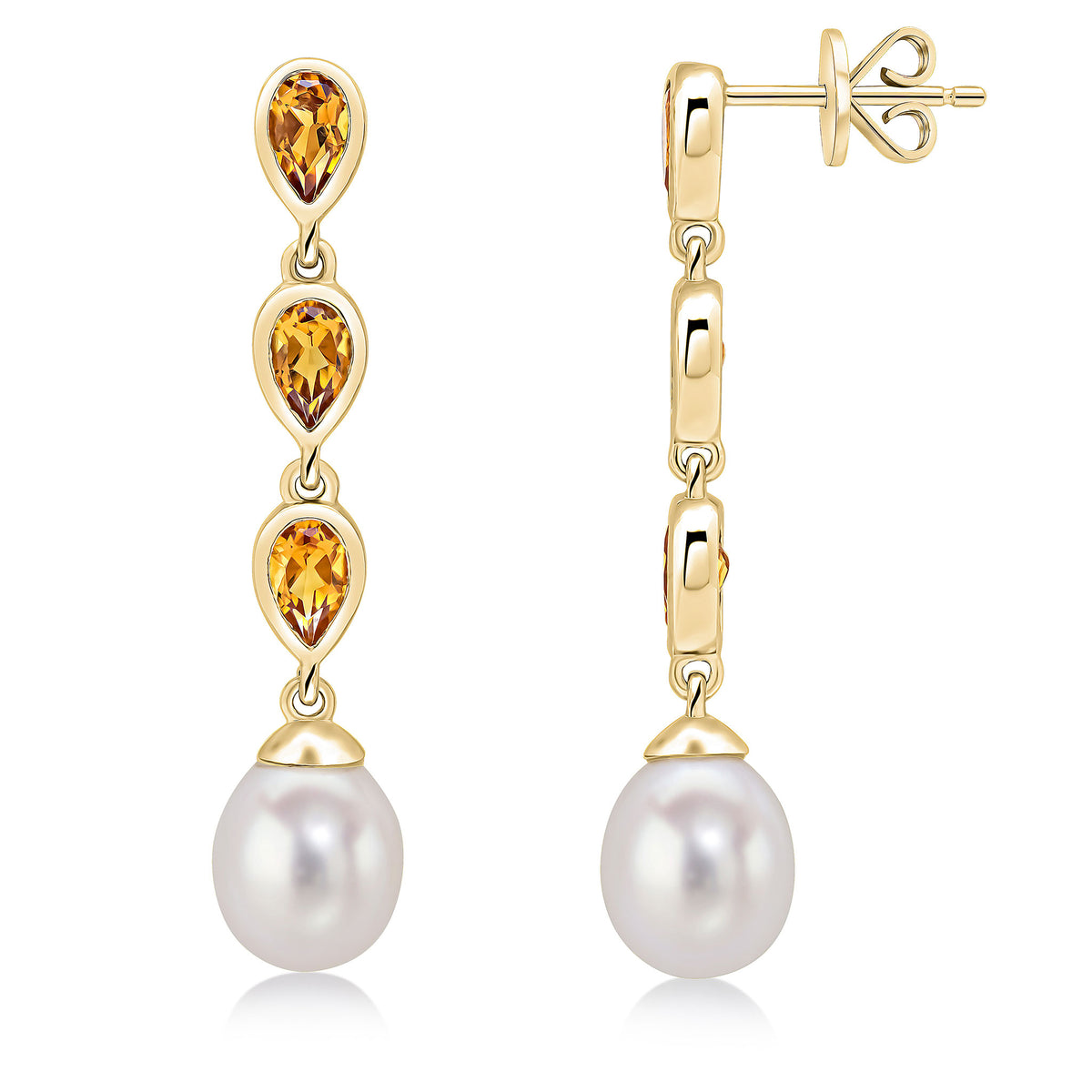 9ct Yellow Gold Pearl & Triple Pear Shape Citrine Drop Earrings