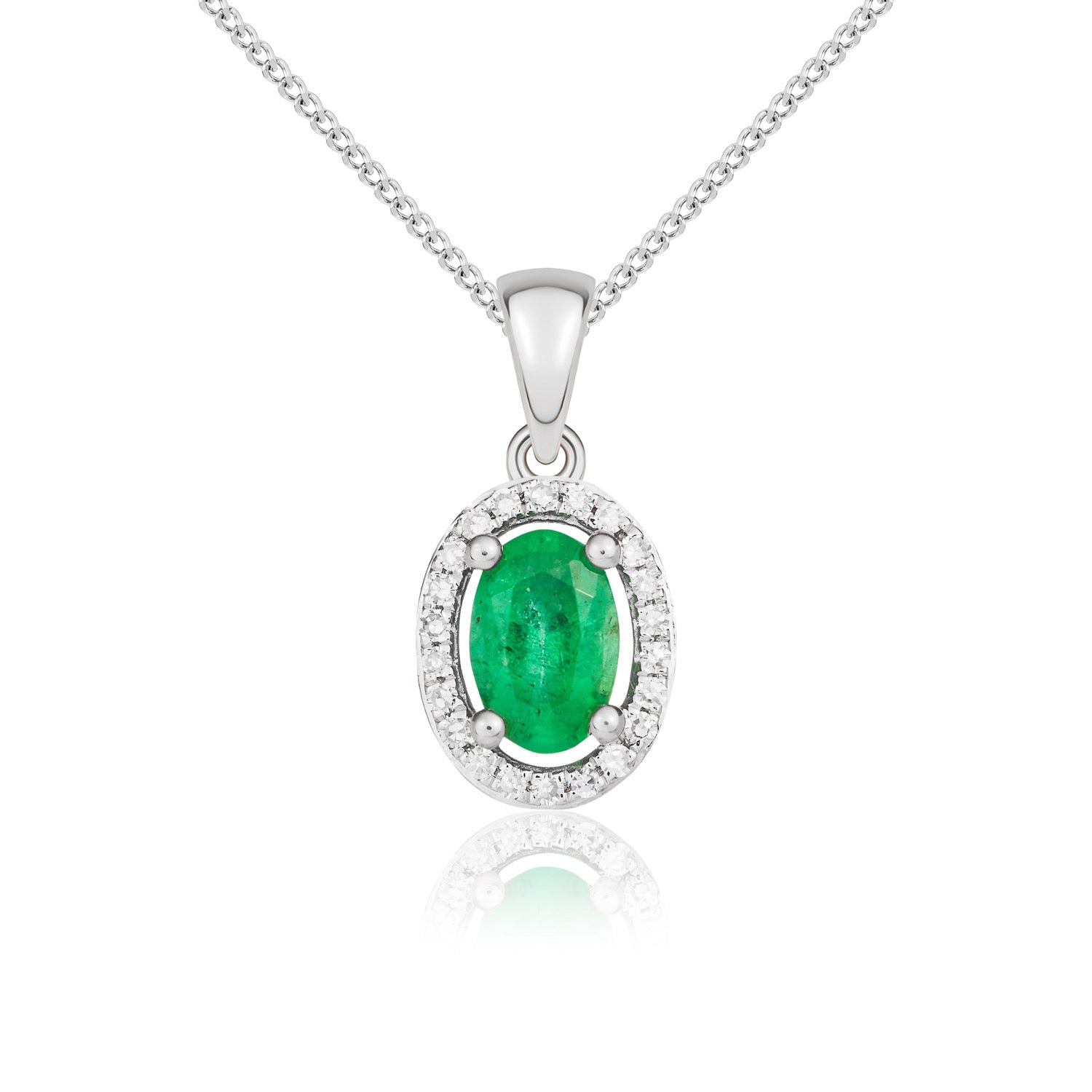 9ct White Gold 6x4 Oval Emerald and Round Diamond Halo Cluster Pendant with Plain Loop Top