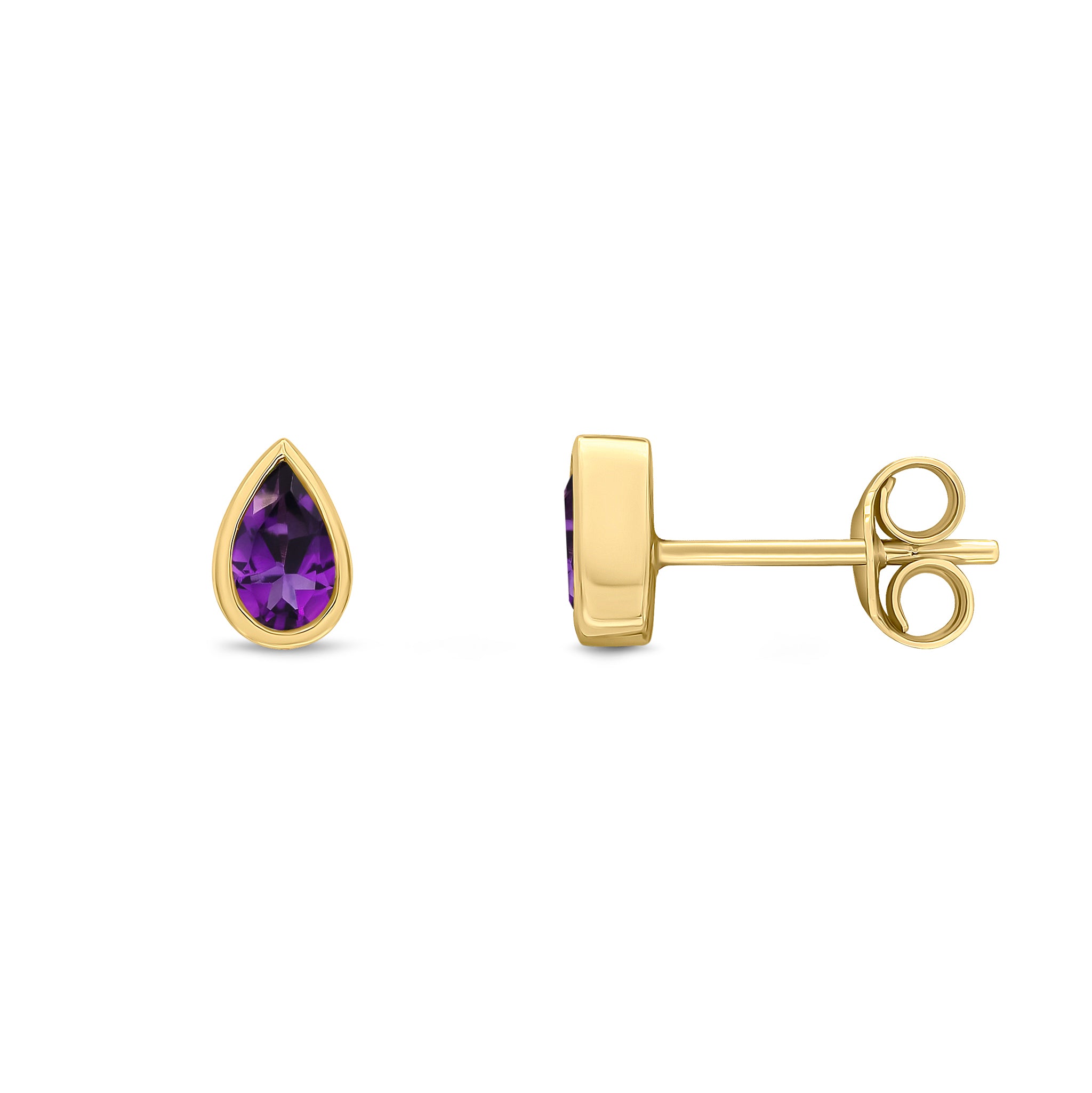 9ct Yellow Gold 5x3 Pear Shape Amethyst Rubover Set Earrings