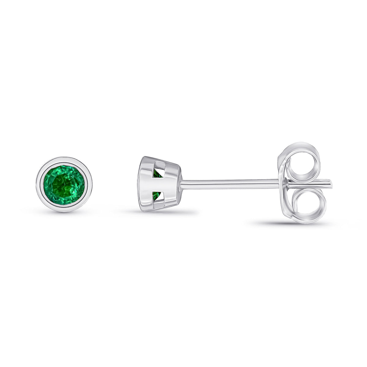 9ct White Gold 3mm Round Emerald Rubover Stud Earrings