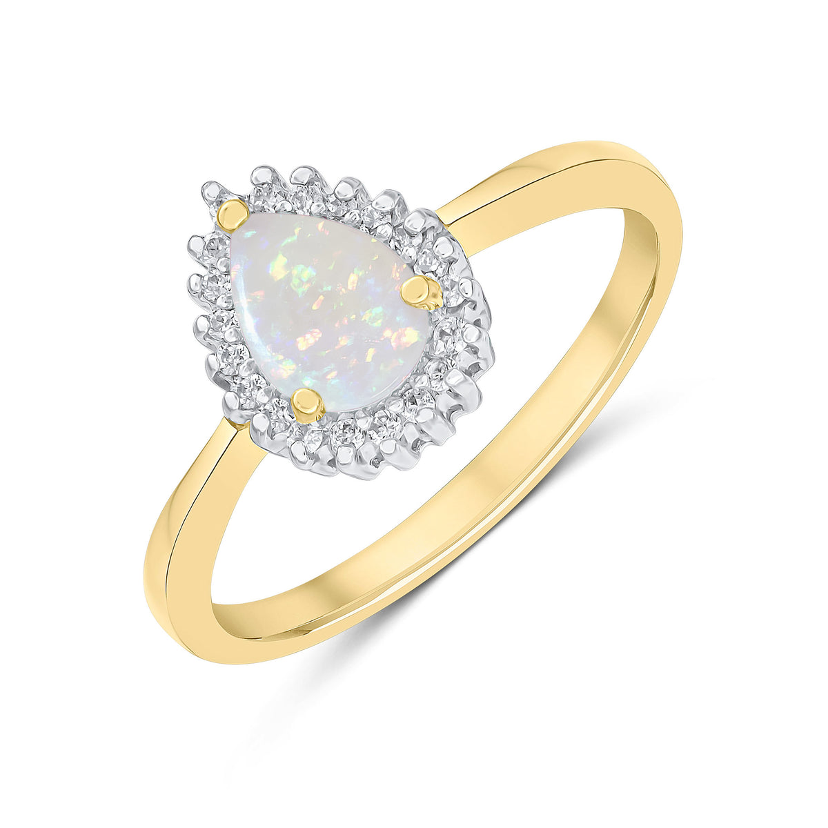 9ct Yellow Gold 7x5mm Pear Shape Opal & Diamond Claw Set Cluster Ring Rhodium to Diamonds