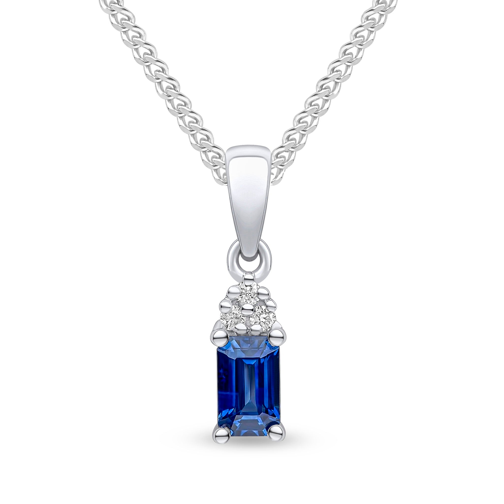 18ct White Gold 5x3 Octagon Sapphire and Round Diamond Trefoil Top Pendant with Plain Loop Top
