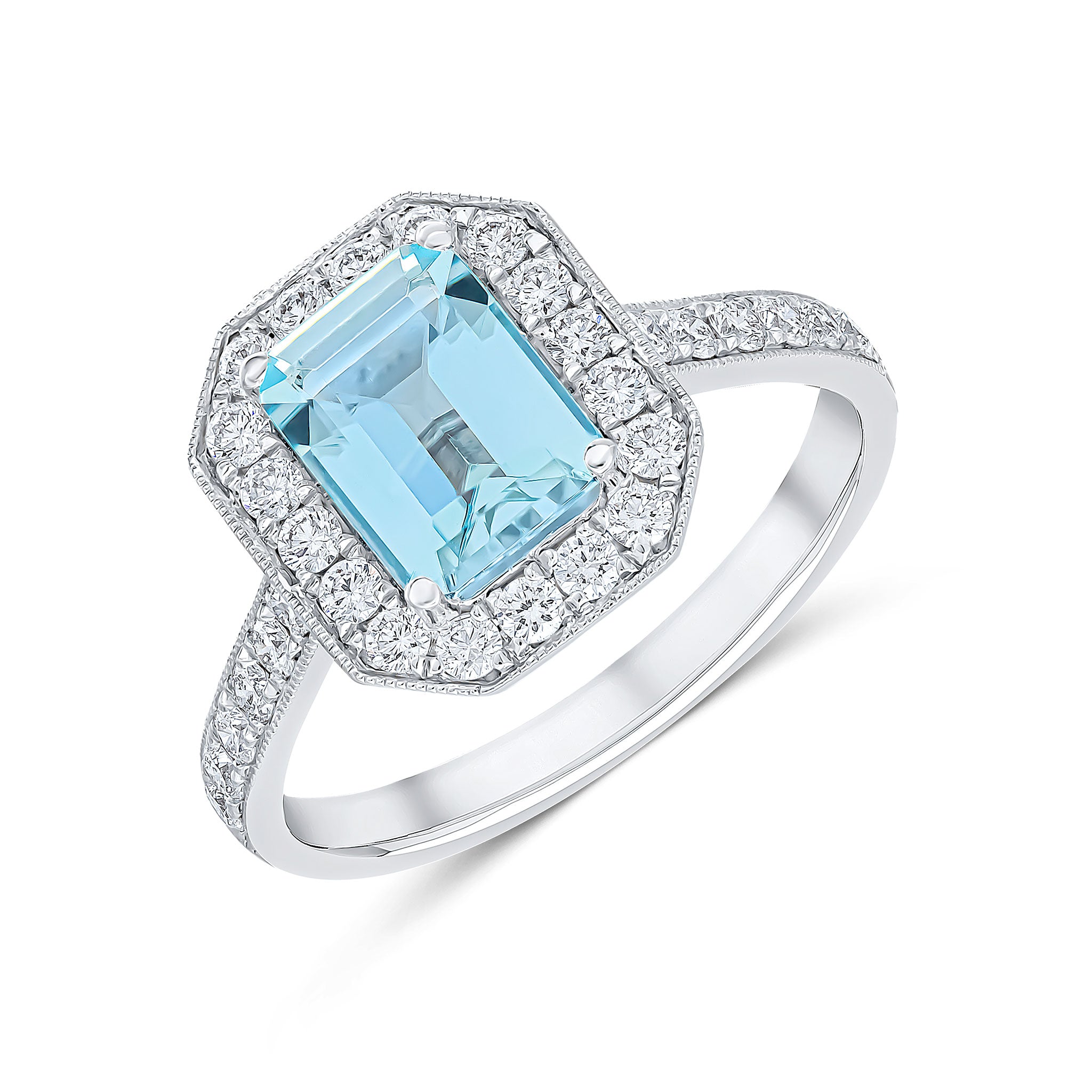 18ct White Gold Claw Set 8x6 Octagon Aquamarine and Milgrain Set Diamond Cluster Ring with Round Diamond Shoulders