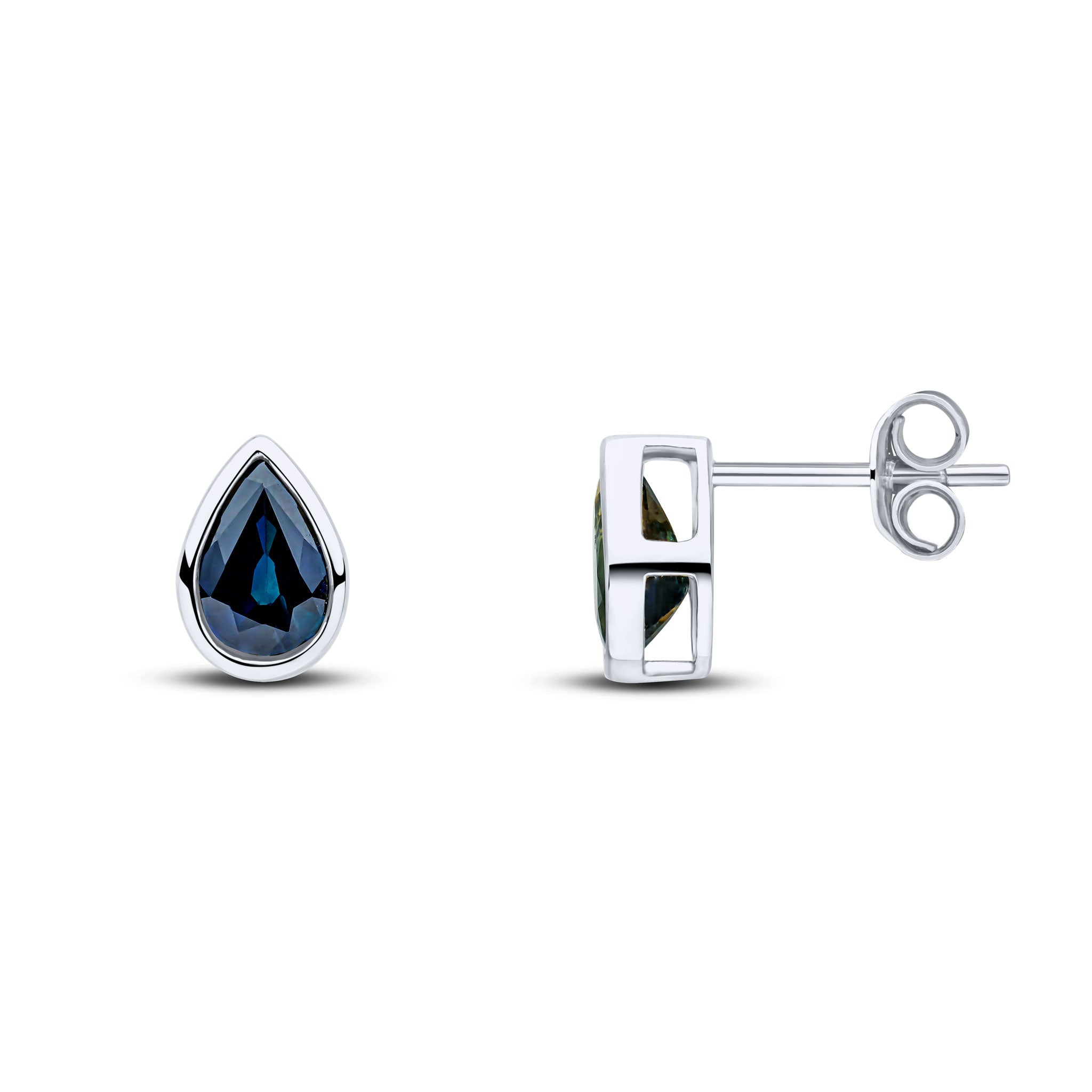 9ct White Gold 7x5 Pear Shape Sapphire Rubover Set Earrings